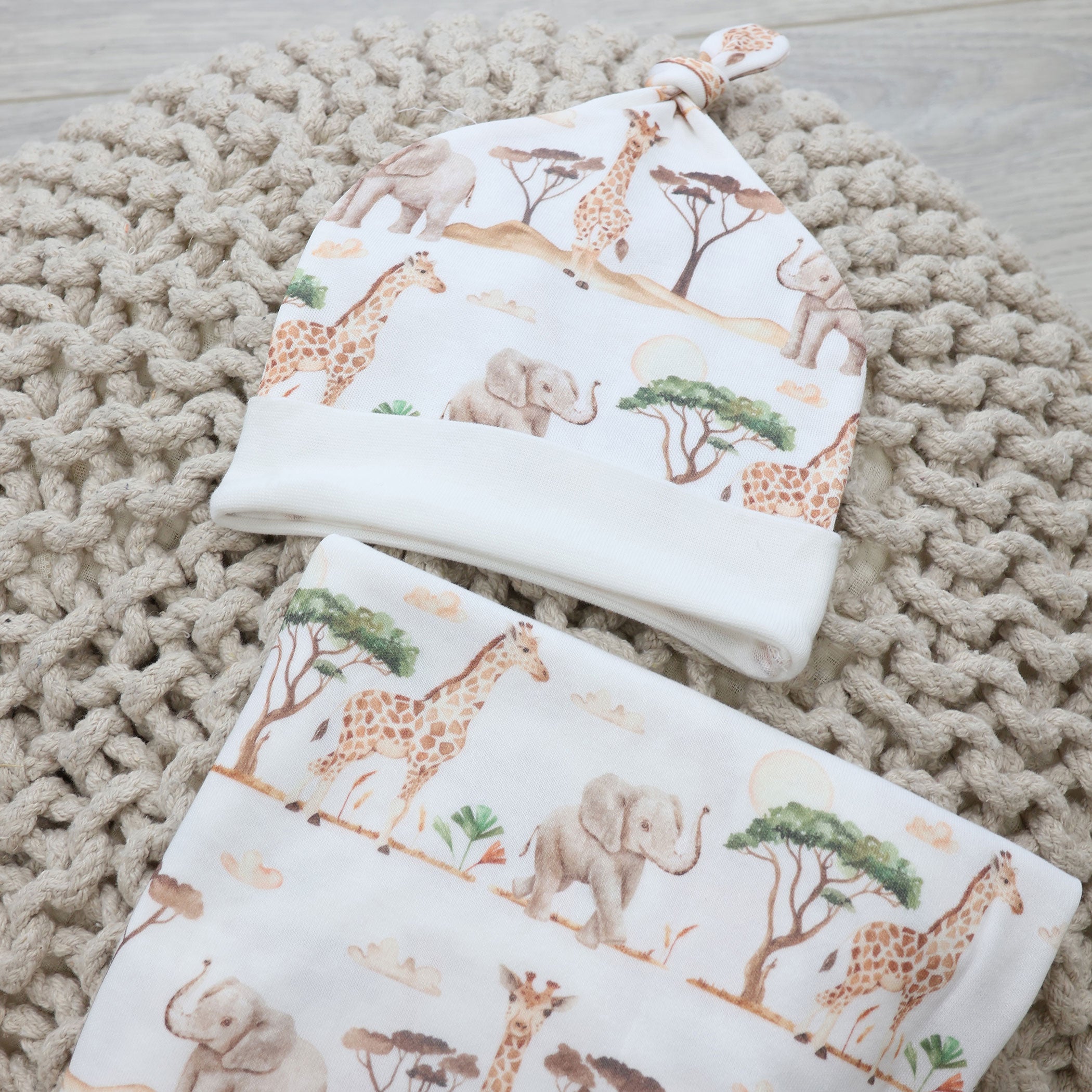 Adventure Bamboo 2-Piece Organic Cotton Jersey Swaddle & Beanie Set for Newborns - Soft Baby Wrap Blanket and Hat Gift Set for Hospital, Photo Shoots & Nursery