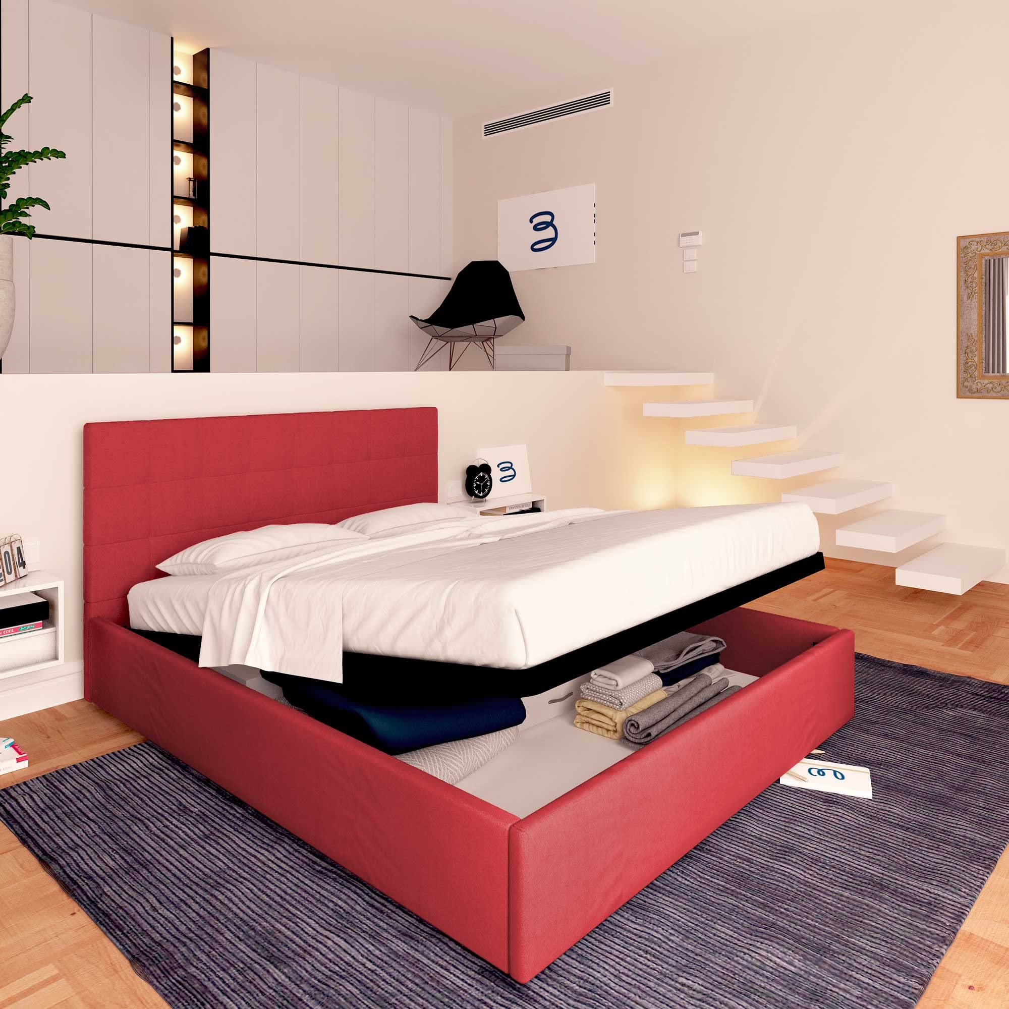 Baldiflex Single Bed with Storage Drawers & Headboard - Dublin Fabric Model, Slatted Base for Single Mattress, 80 x 190 cm, Elegant Red - Perfect for Small Bedrooms, Guest Rooms & Studio Apartments