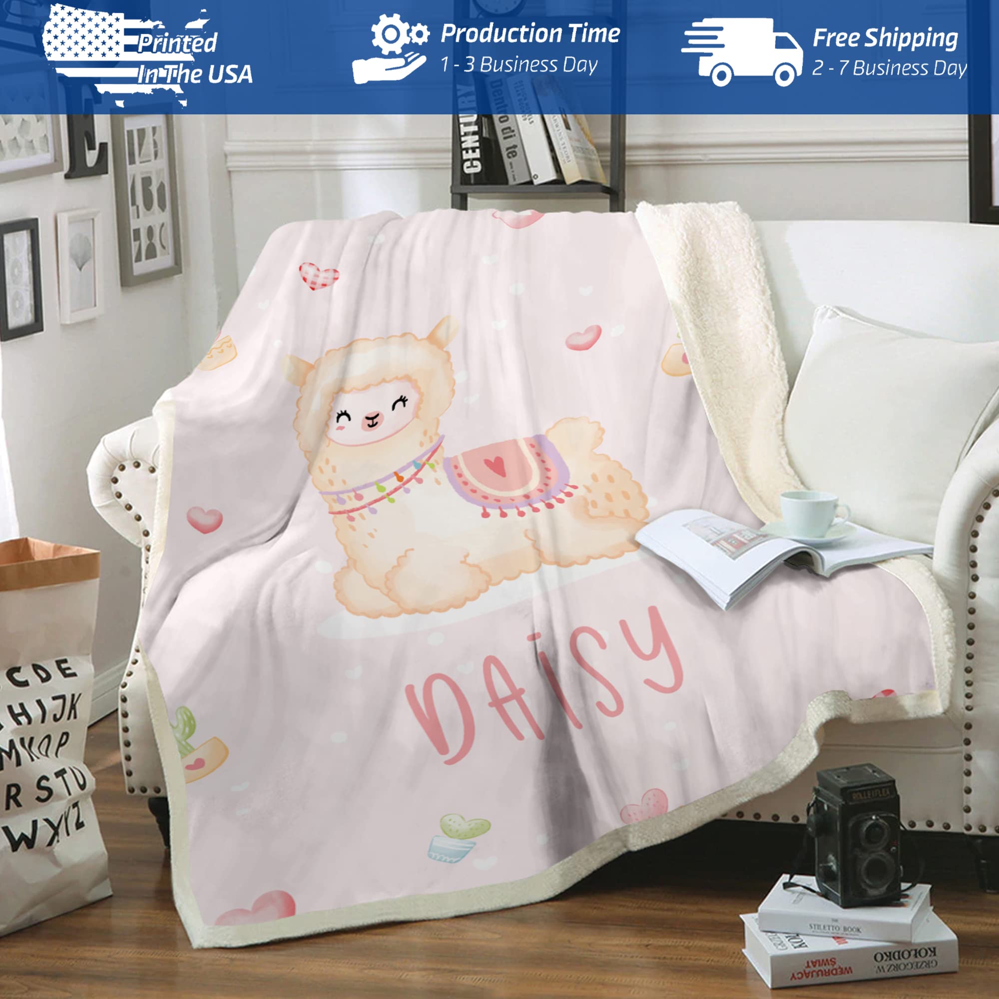 Custom Personalized Baby Girl Blanket with Name - 30x40 Inch Soft Fleece Llama Blanket for Newborns & Toddlers - Perfect for Nursery, Gift, Photo Shoots & Cuddling