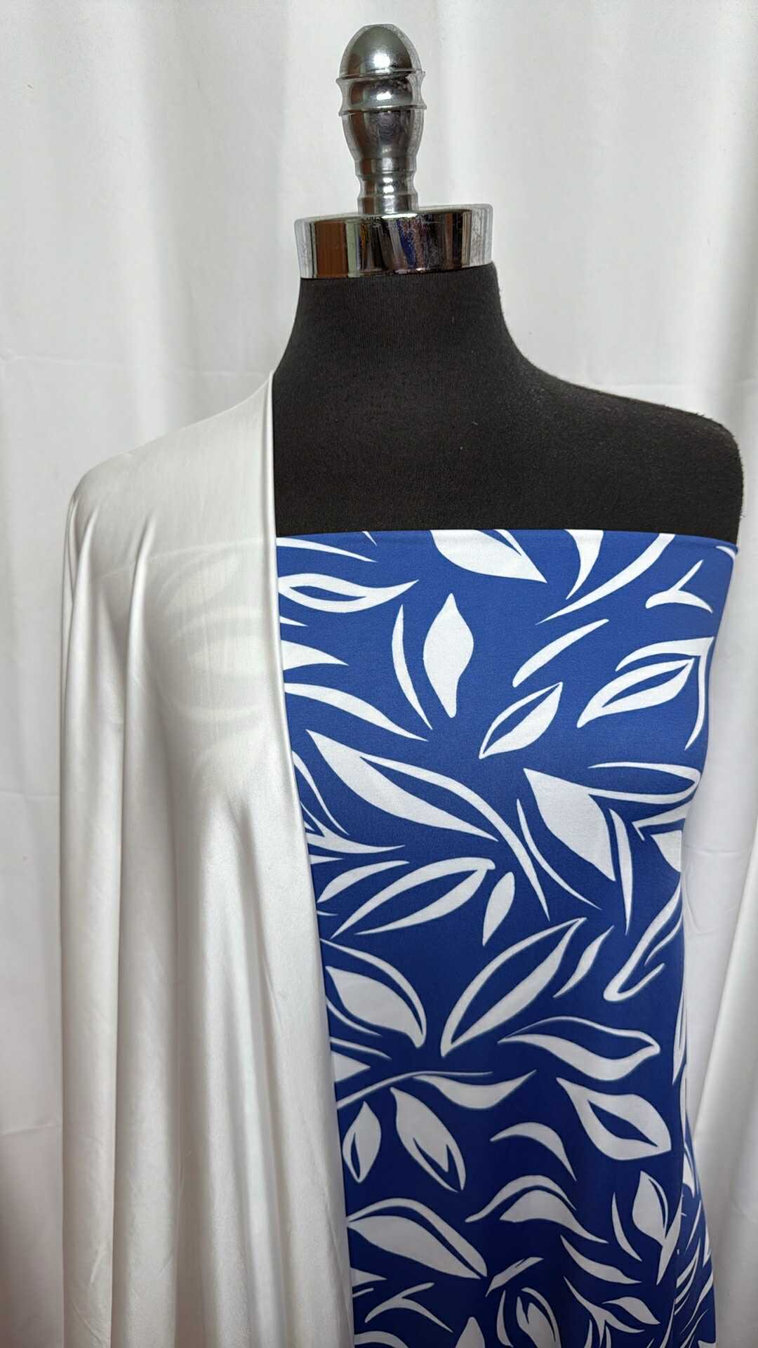 3 Yards Blue/White Leaves ITY Fabric & 2 Yards White N/S Fabric Bundle - A27563 - Perfect for DIY Dresses, Scarves, and Home Decor Projects