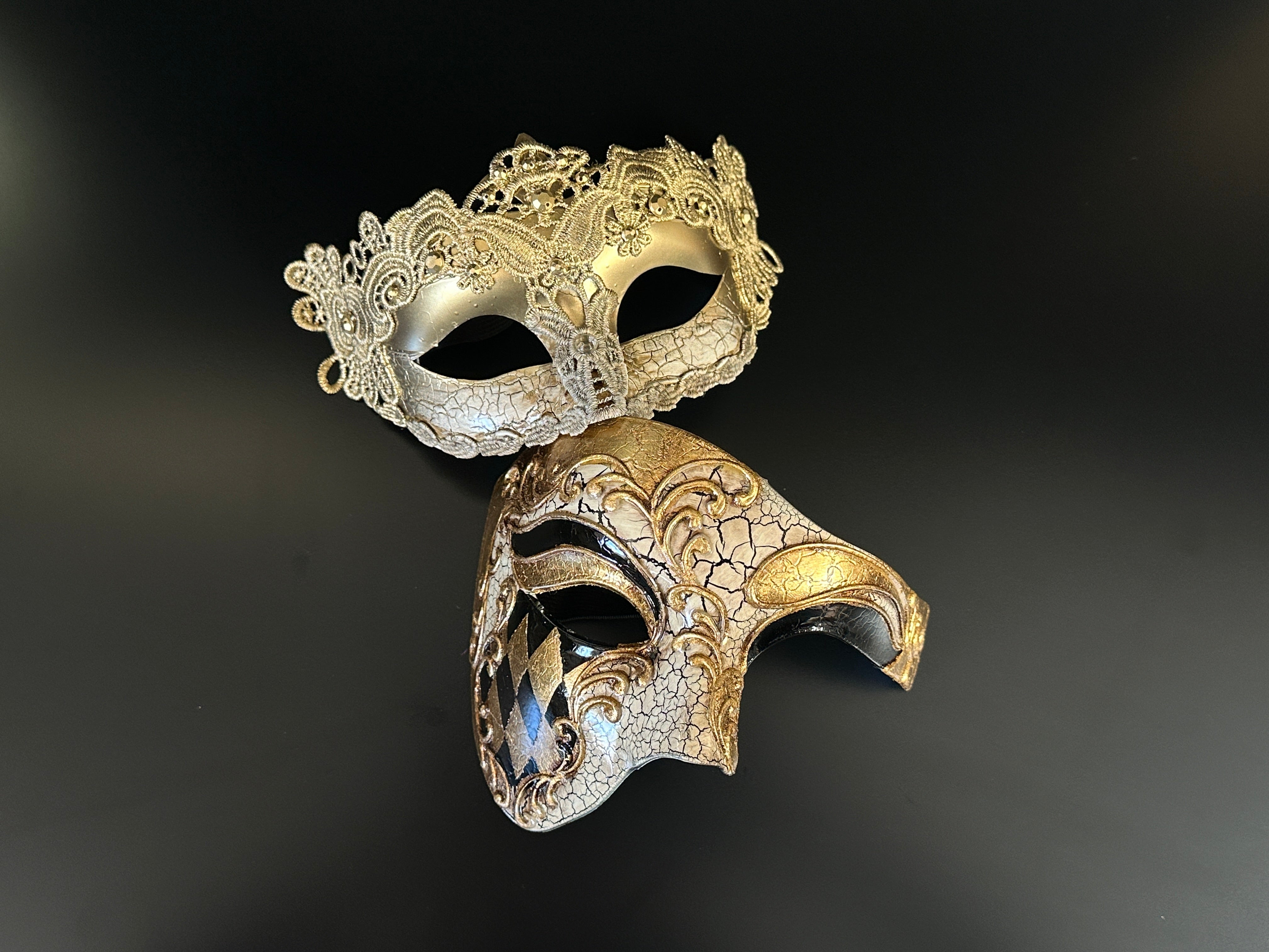 Colombina and Phantom Set - Elegant Gold Masquerade Mask Collection for Halloween, Cosplay, and Venetian Carnival Parties