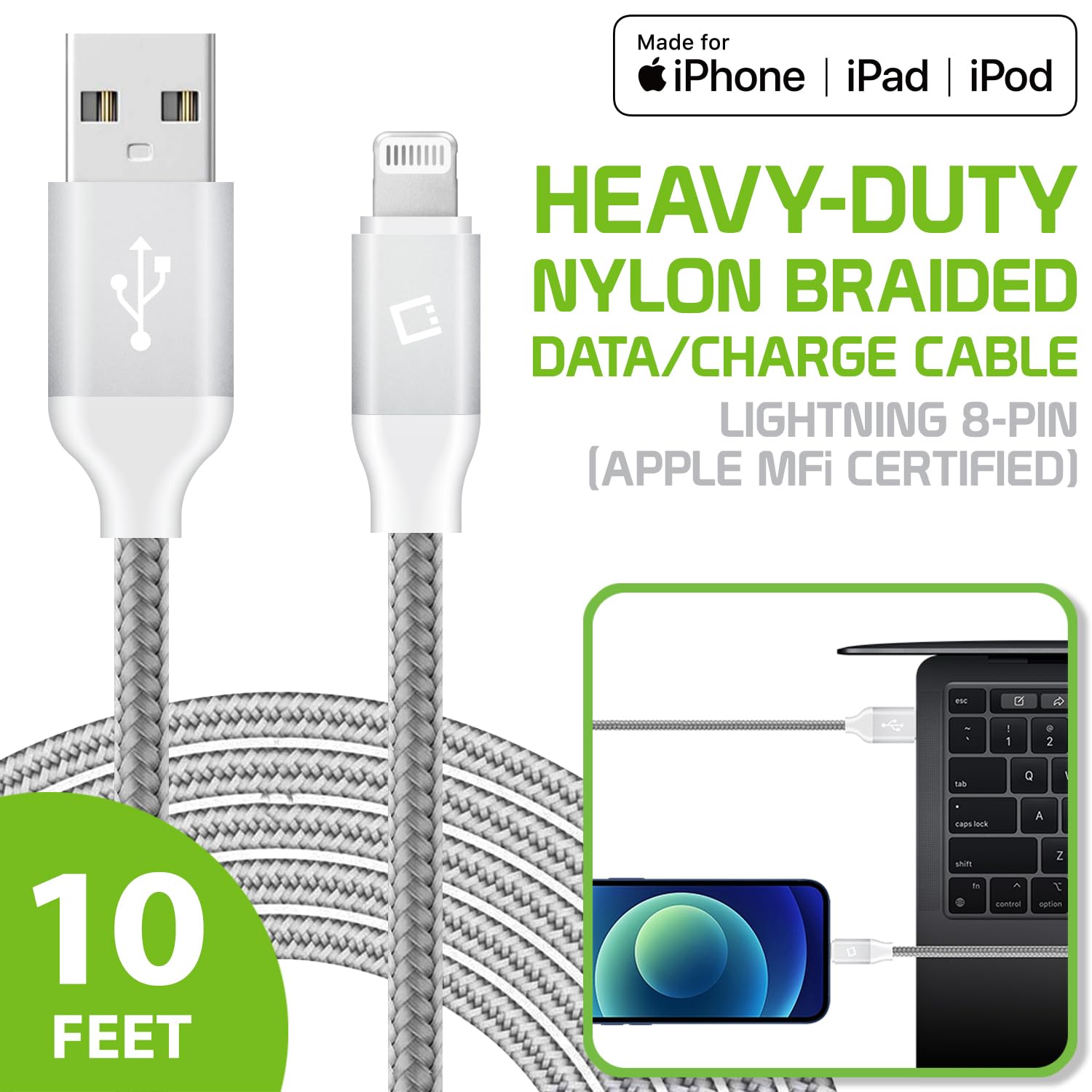 Heavy-Duty Nylon Braided Lightning Cable 10FT - Apple MFi Certified Charging Cord for iPhone 14/13/12/11/X/8/7 - Durable Fast Charging USB Cable for Home, Office, Car & Travel