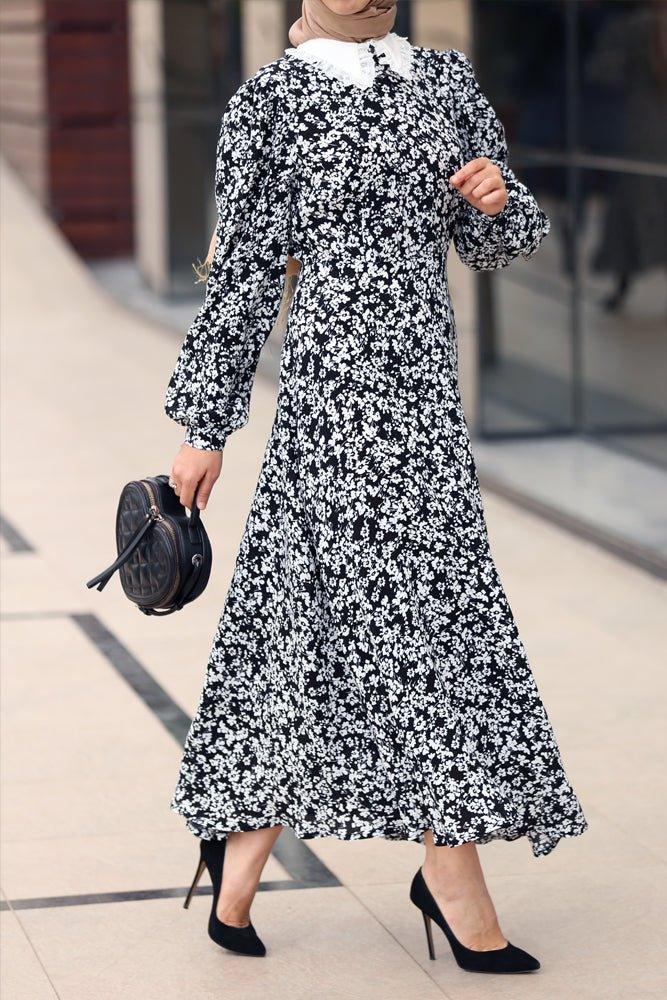 Lubna Women's Long Sleeve Cotton Maxi Dress with Ditsy Floral Print - Elegant Boho Style for Casual Wear, Date Nights & Special Occasions