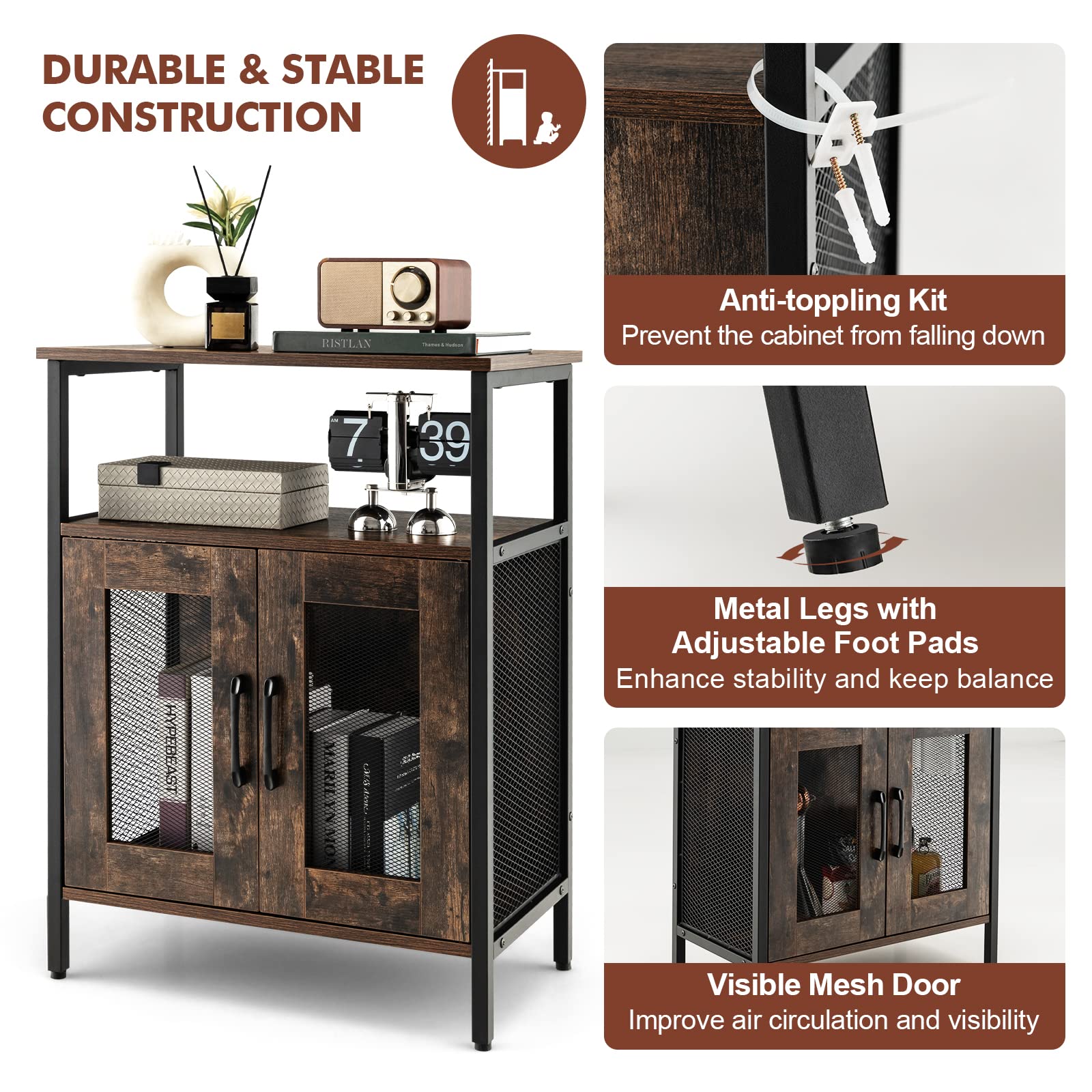 Industrial Wine Bar Cabinet with Detachable Rack & Glass Holder - Metal Mesh Door Coffee Bar Sideboard for Kitchen, Living Room | Perfect for Entertaining, Dining Storage & Home Decor
