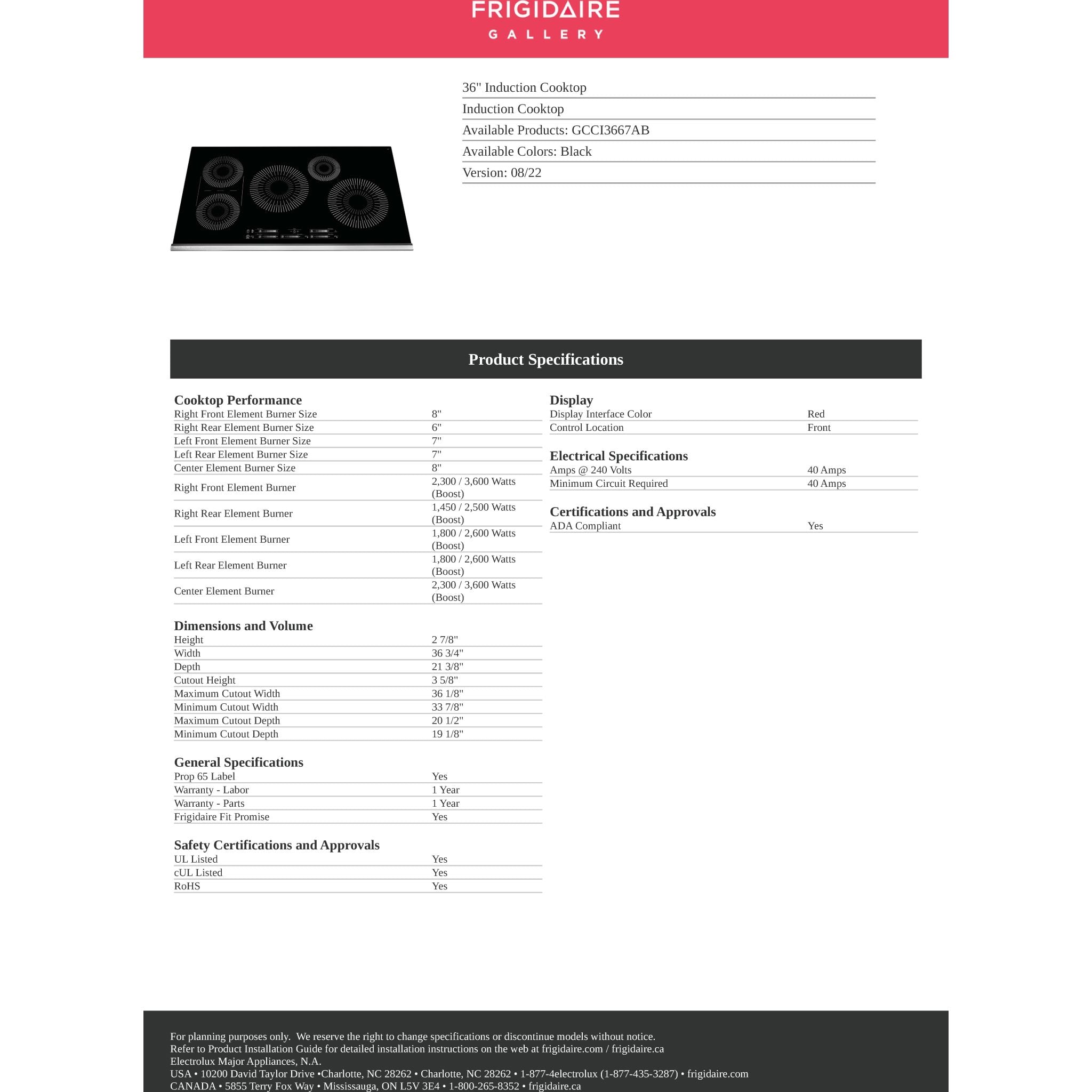 Frigidaire Gallery 36 Inch Black Induction Cooktop (GCCI3667AB) - Fast Heating, Energy Efficient for Modern Kitchens & Home Cooking