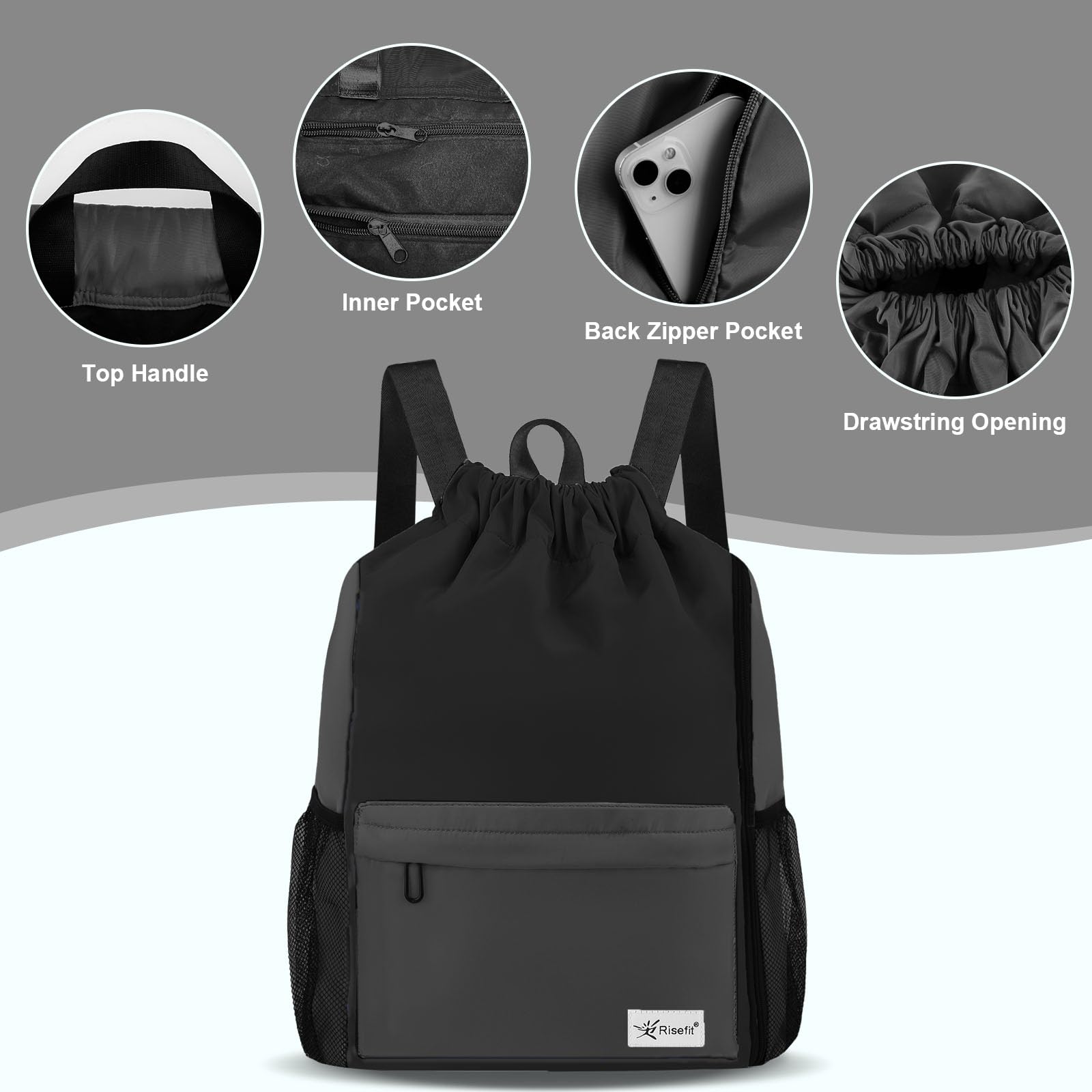 **Drawstring Backpack with Mesh Pockets - Lightweight Gym Bag, Sandproof & Water Resistant Sackpack for Men & Women - Perfect for Beach, Travel, Sports & Workouts**