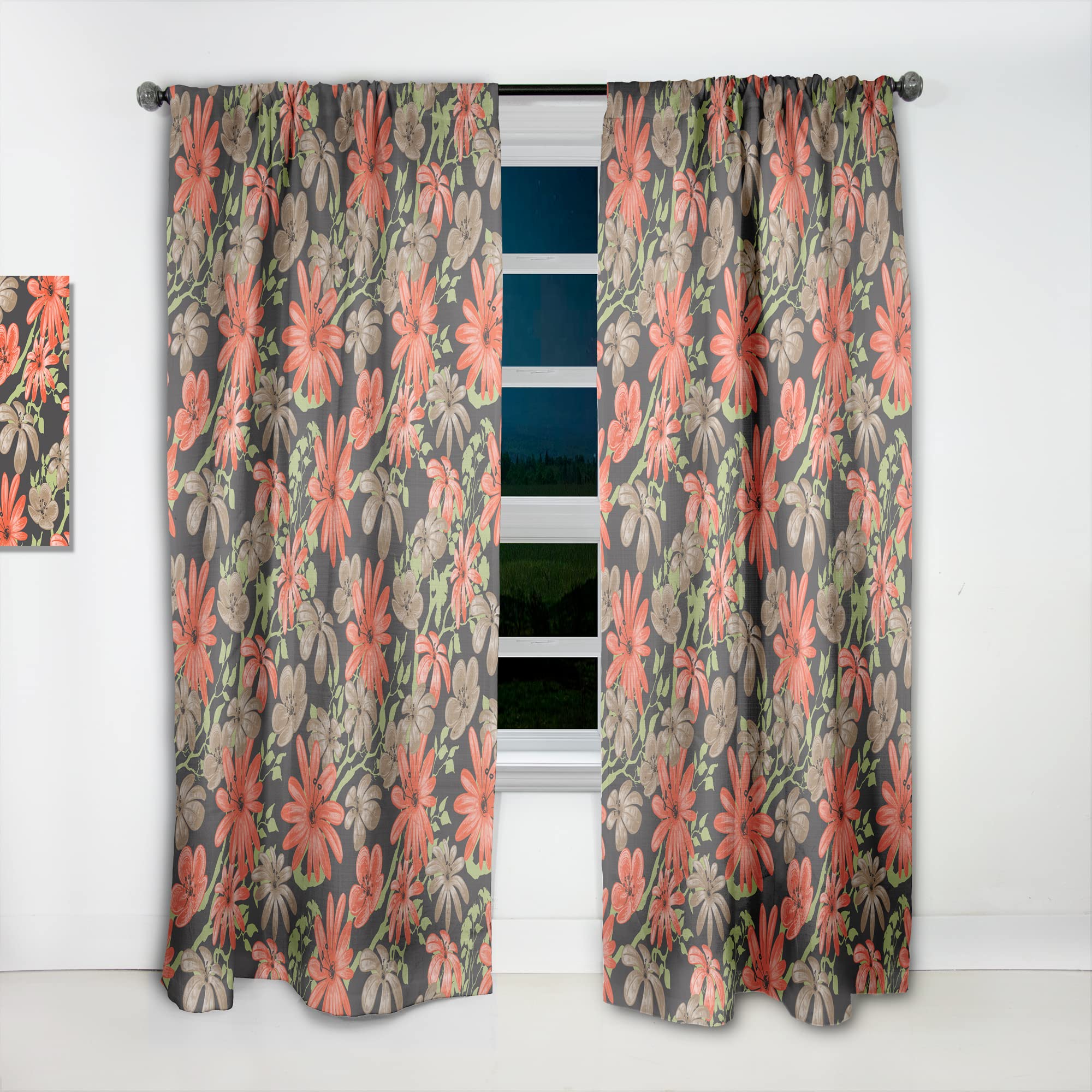 DesignQ Thermal Insulated Curtains - Red & Brown Floral with Green Branches - 52x95 Inch Single Panel for Bedroom & Living Room | Energy Saving, Blackout Drapes for Home Decor