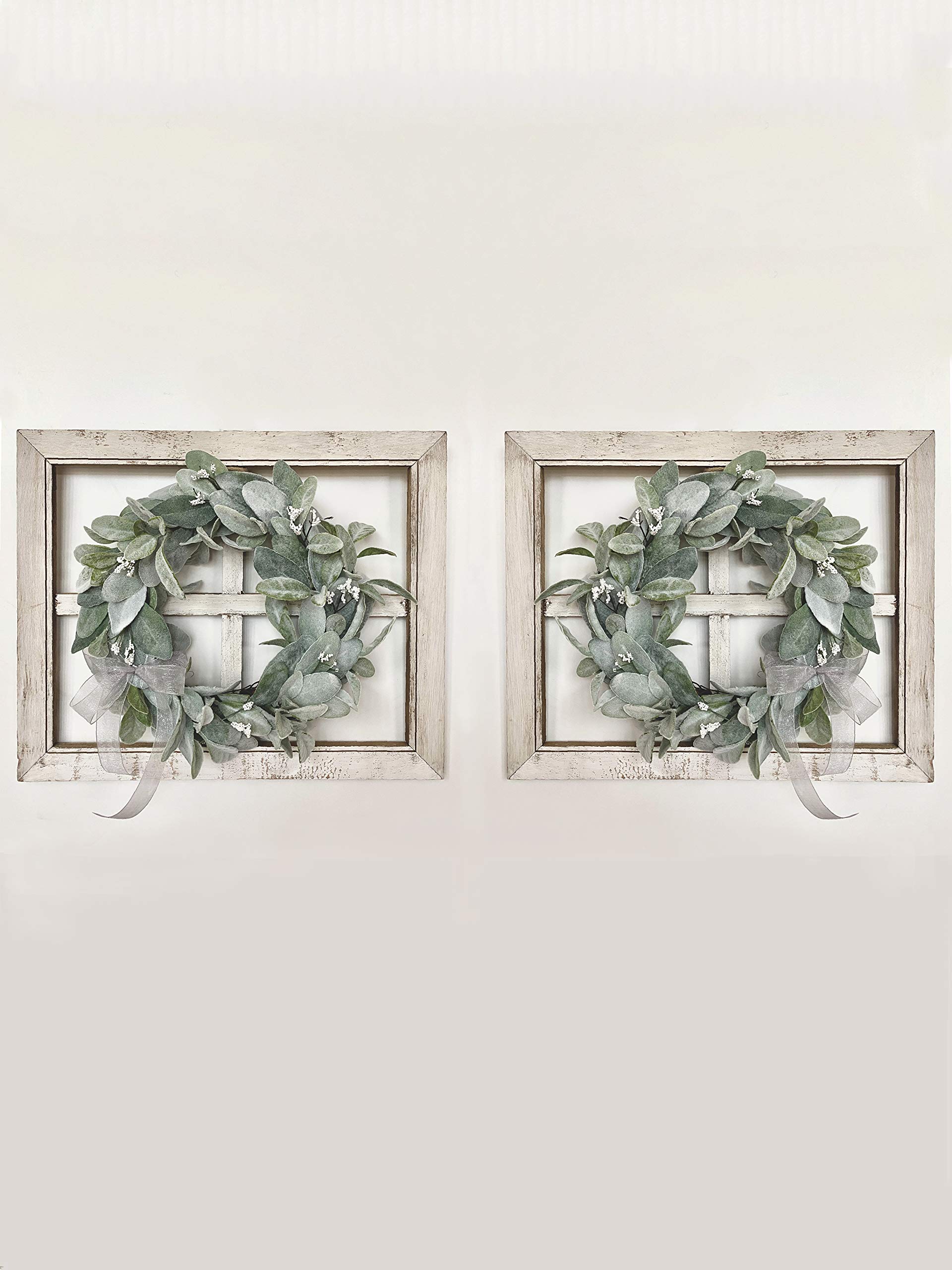 Farmhouse Rustic Window Frame with Lambs Ear Wreath - Decorative Wall Hanging for Home, Front Door, Living Room & Entryway Decor - Perfect for Spring, Summer, Fall & Winter Seasonal Decorations
