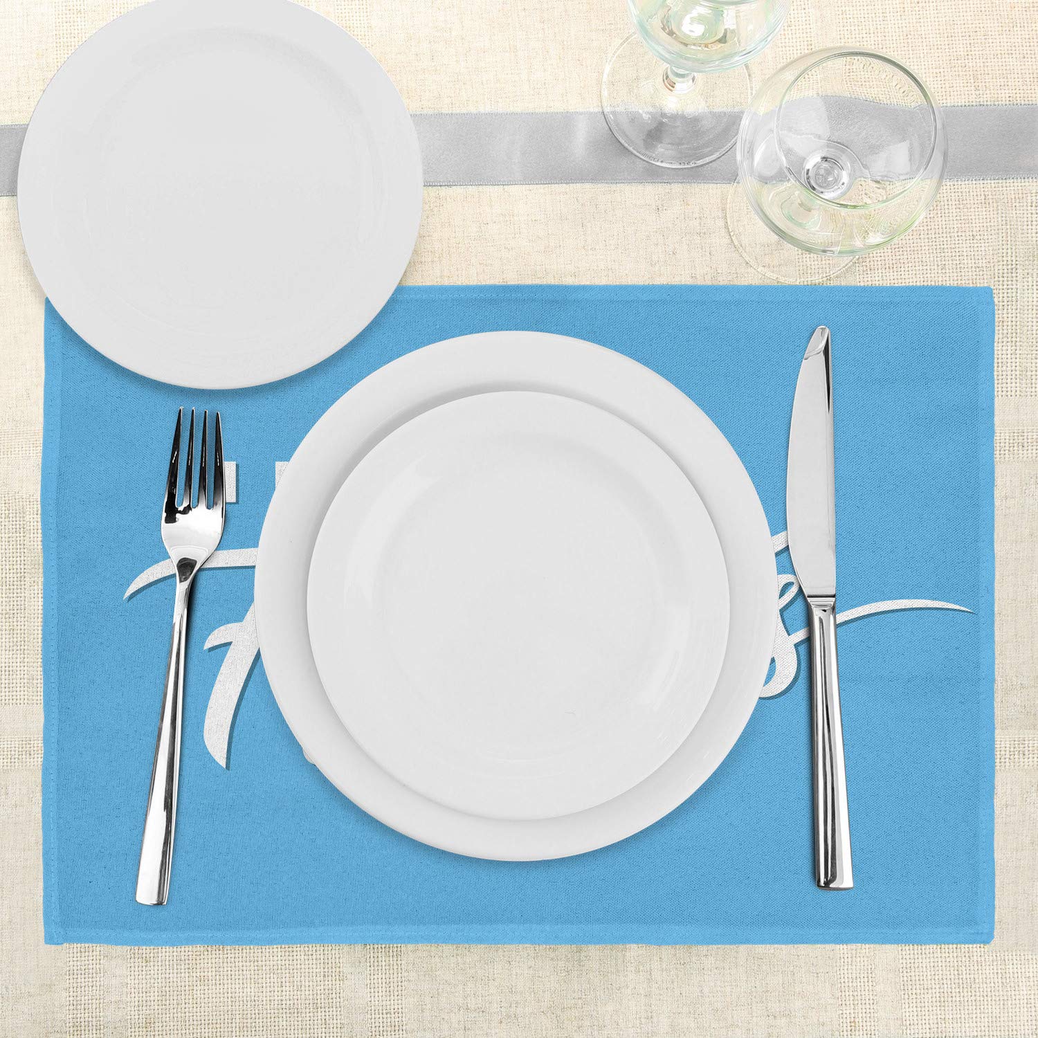 Ambesonne 4-Piece Fitness Themed Placemats Set - Athletic Sports & Workout Lifestyle Design - Washable Fabric Table Mats for Dining - Standard Size Pale Blue & White - Perfect for Gym Enthusiasts & Healthy Dining