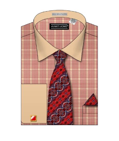 AVANTI UOMO Men's Tone-on-Tone Collar Glen Check Pattern Casual Shirt DN107M Red - Perfect for Office Wear & Smart Casual Outfits