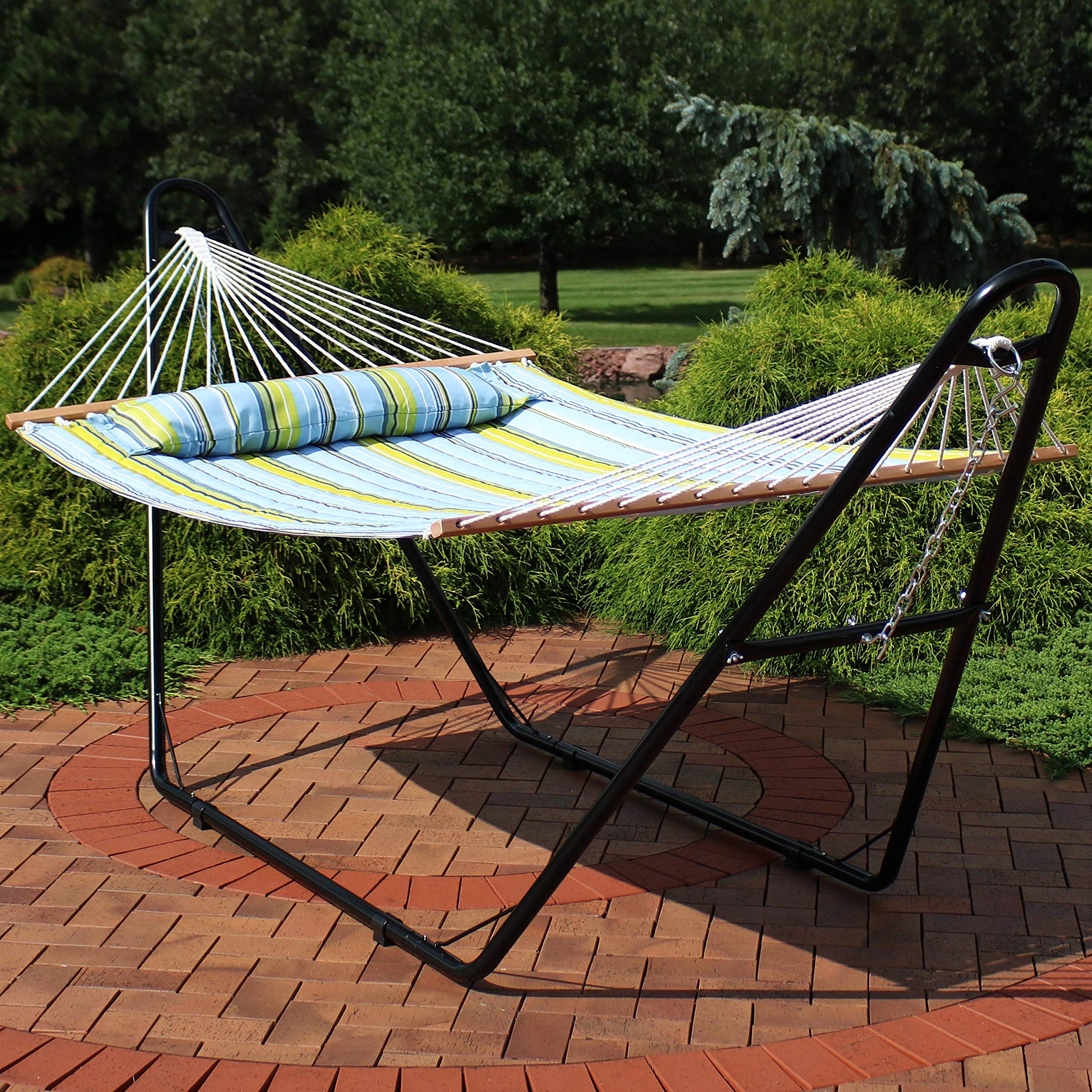 Sunnydaze Double Quilted Fabric Hammock with Universal Steel Stand - 450 lb Weight Capacity - Black Stand & Blue/Green Fabric - Perfect for Backyard, Patio, Camping & Outdoor Relaxation
