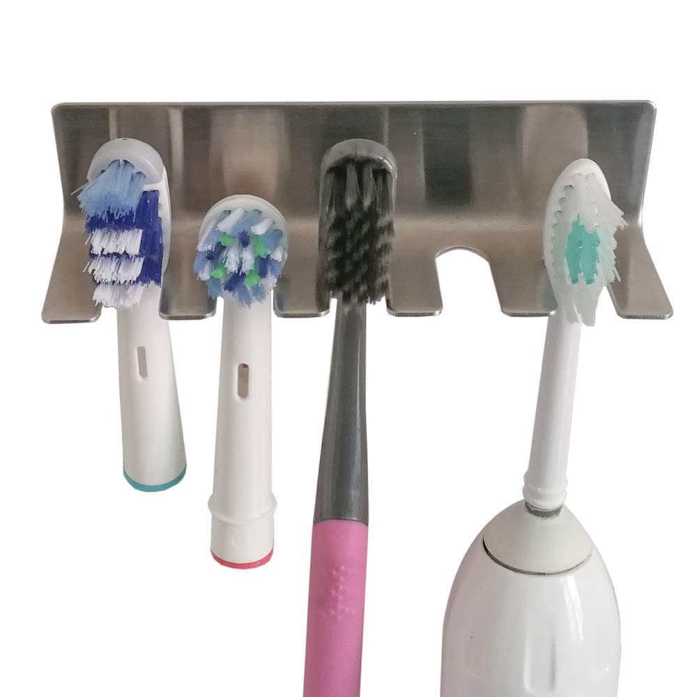 Stainless Steel Wall Mounted Toothbrush Holder - No Drill 3M Adhesive Bathroom Organizer for Toothbrushes & Razors - Perfect for Small Spaces, Dorm Rooms, and Clutter-Free Vanities