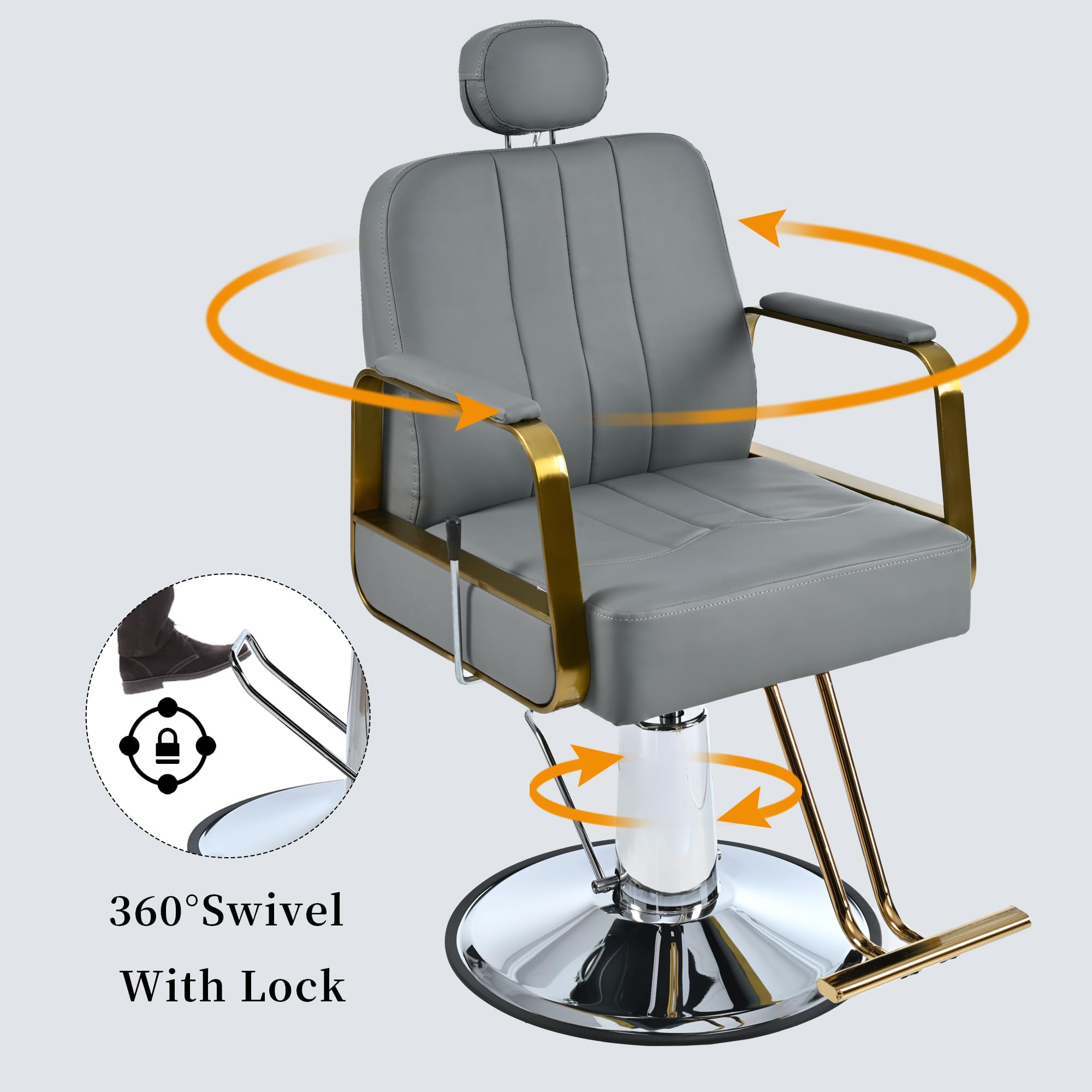 Premium Reclining Barber Chair - 360° Swivel Salon Chair with Heavy Duty Hydraulic Pump for Hair Stylists, Tattoo Artists & Beauty Salons | Max 400 Lbs Capacity | Gray | Ideal for Haircuts, Shampooing, Tattooing & Spa Treatments