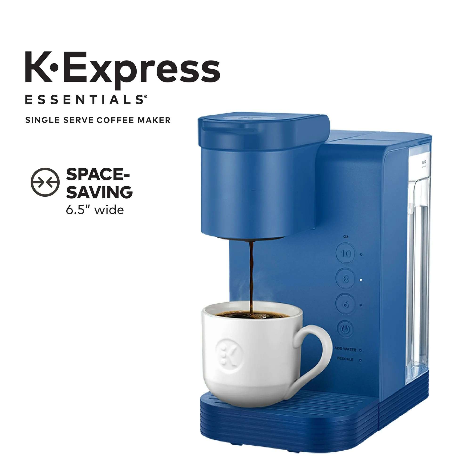 **K-Express Essentials Single Serve Coffee Maker - Compact K-Cup Pod Machine with 36 oz Water Reservoir, Fast Brewing & Travel Mug Compatible - Perfect for Home, Office & Travel (Navy Blue)**    *(Use Cases: Enjoy fresh coffee at home, in small offices, dorm rooms, or while traveling with this portable and space-saving coffee maker.)*