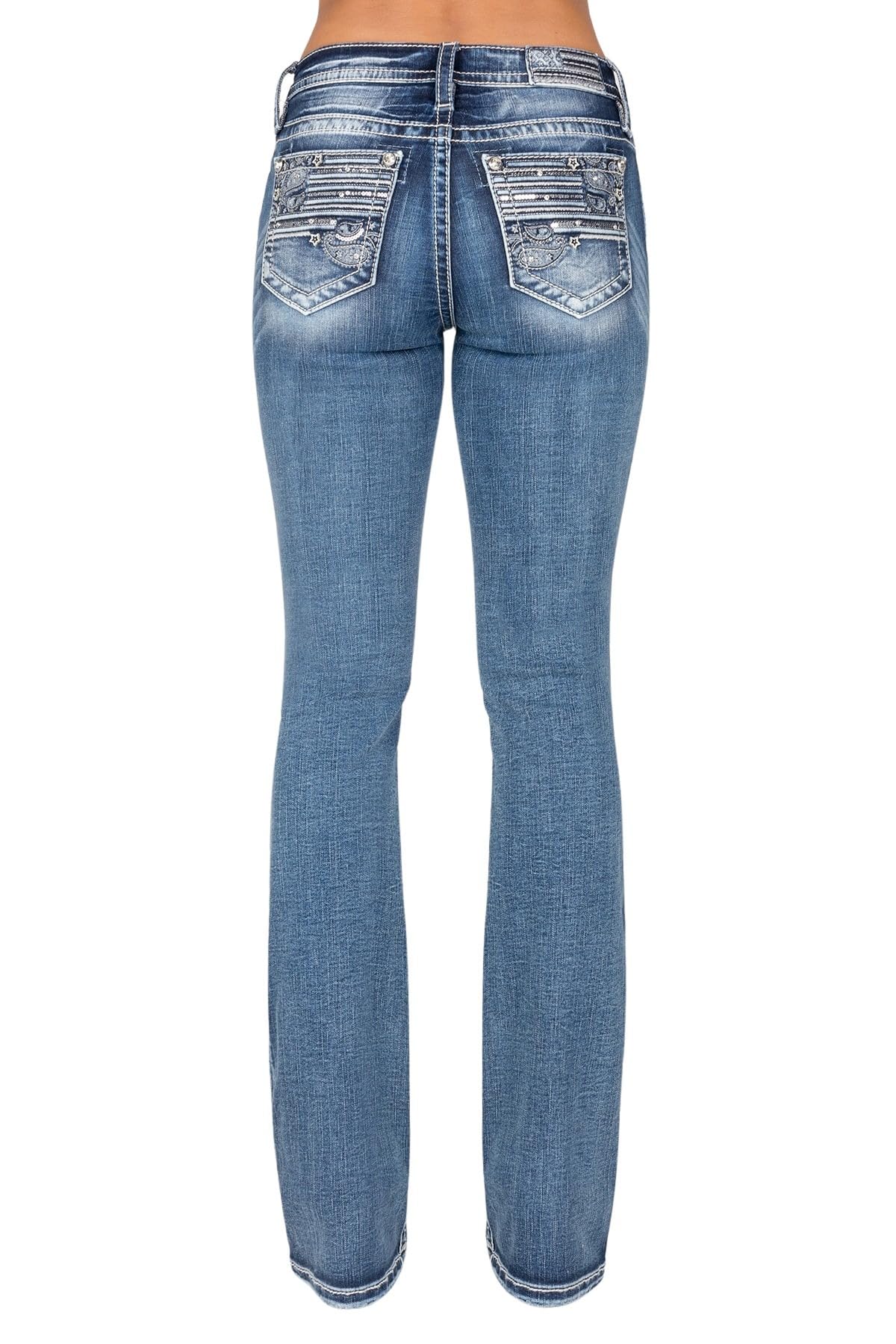 Miss Me Women's Mid-Rise Bootcut Jeans - Metallic Stardust Swirls Flag Design, Stretch Denim for Comfort | Perfect for Casual Wear, Night Out & Everyday Fashion