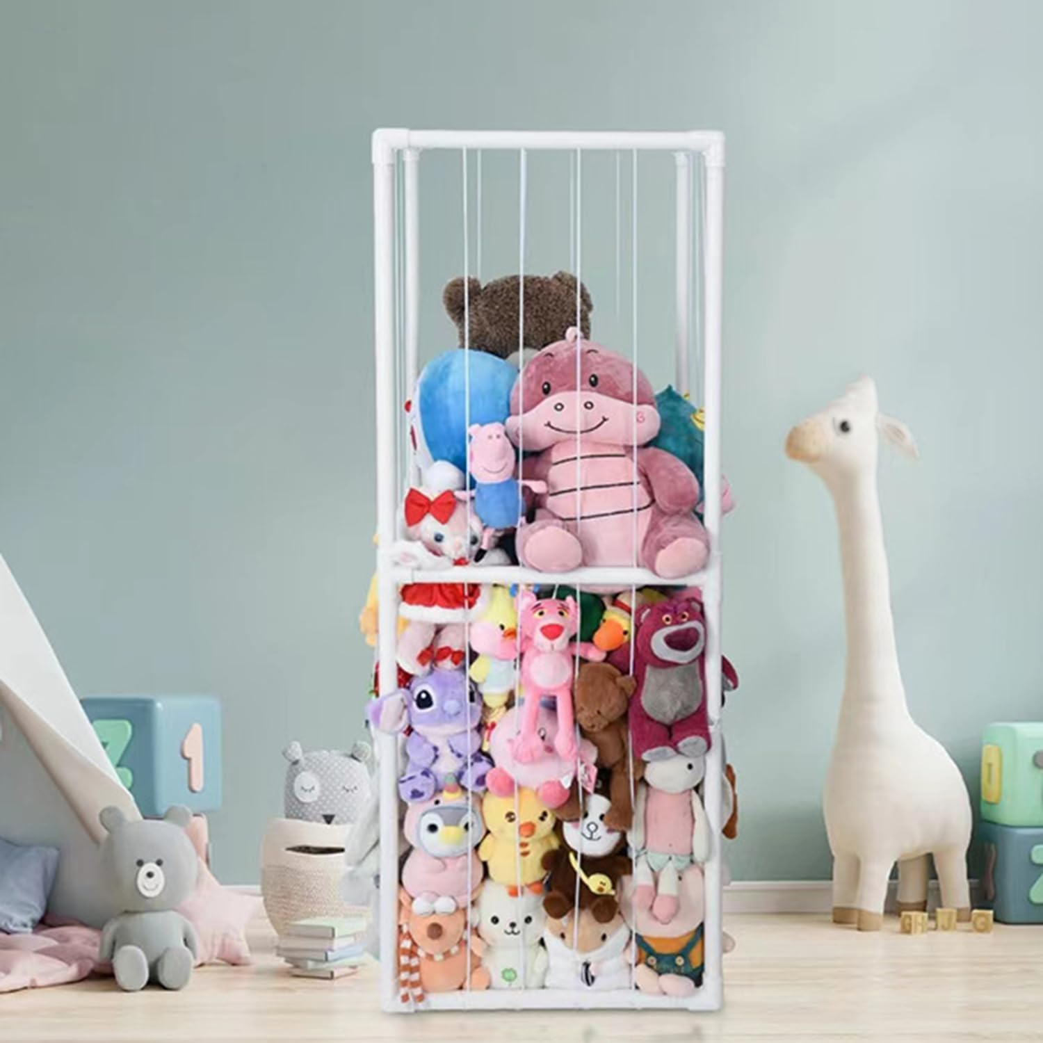 Bubinblau Stuffed Animal Storage Organizer with Elastic Band - Plush Toy Zoo Cage & Creative Doll Storage Rack with Bottom Net - White Kids Room Organizer for Bedroom, Nursery, or Playroom Decor