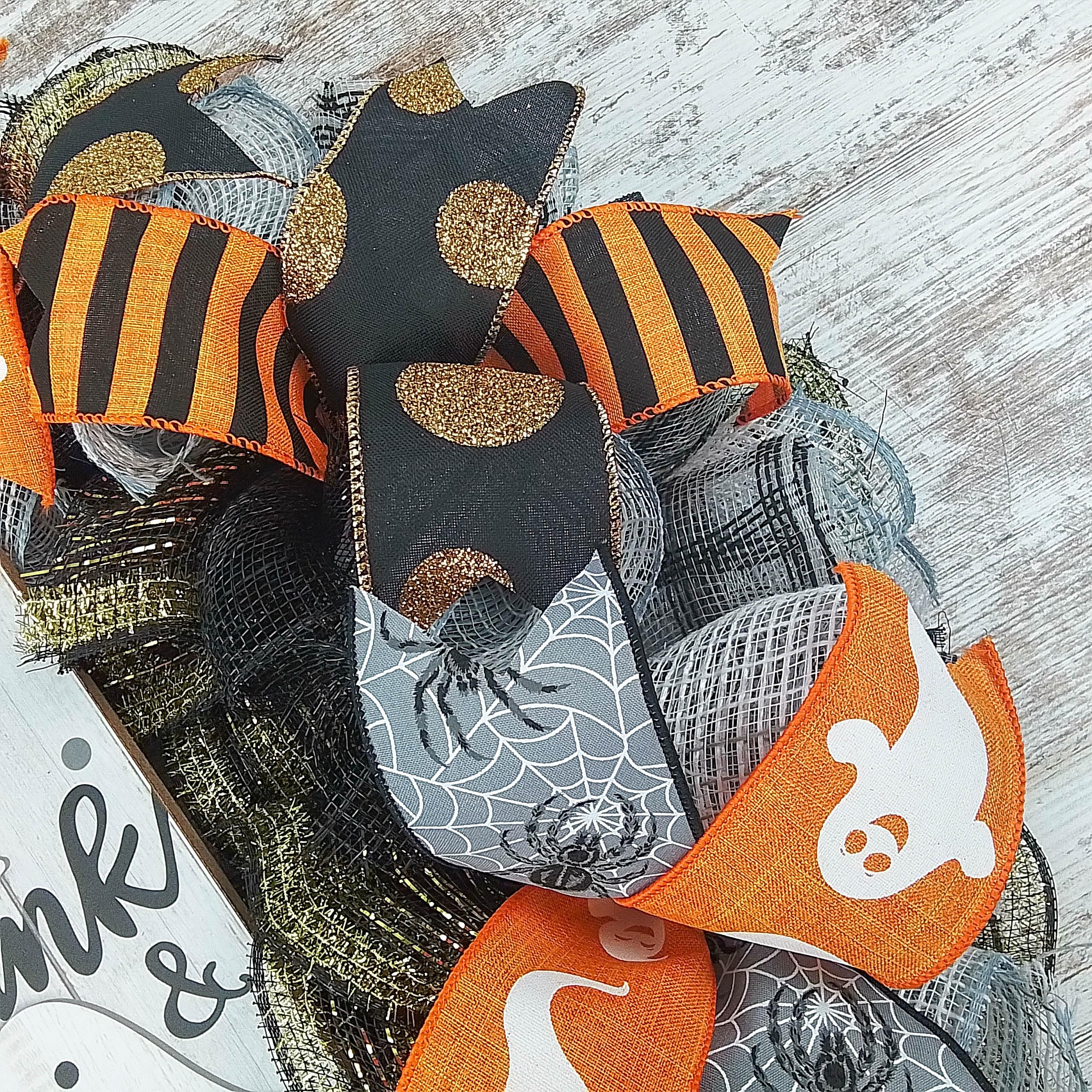 Spooky Halloween Mesh Wreath for Front Door - Black, White, Gold & Orange Ghost Decor | Perfect for Halloween Party Decorations & Haunted House Themes