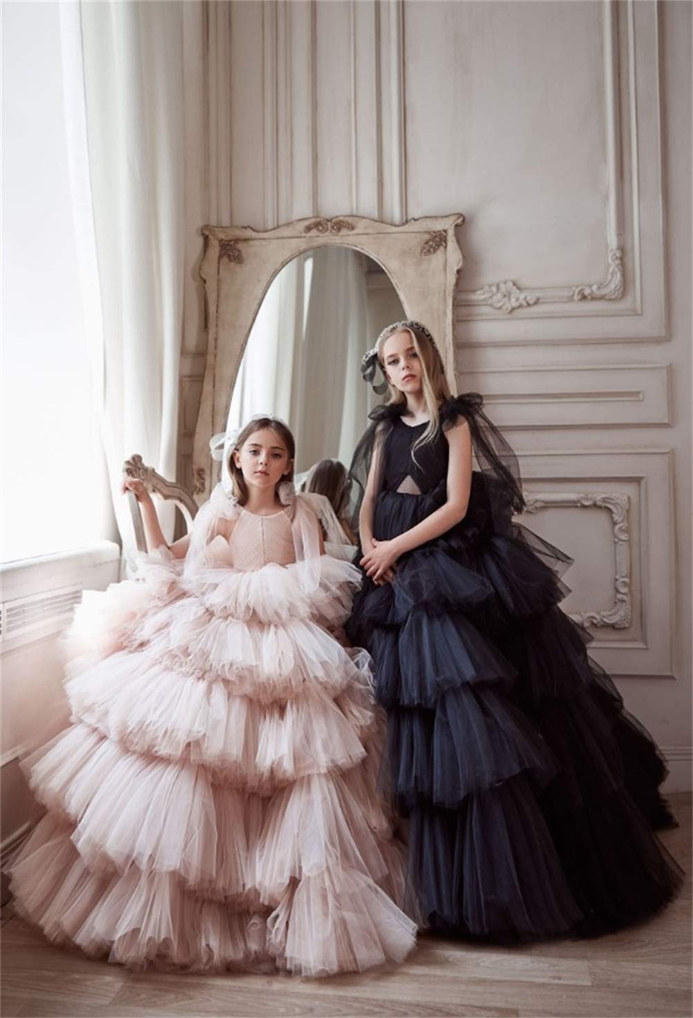 Emanni Girls Princess Flower Girl Dresses - Elegant V-Neck Ruffled Pageant Gowns for Weddings, Special Occasions & Toddler Photo Shoots