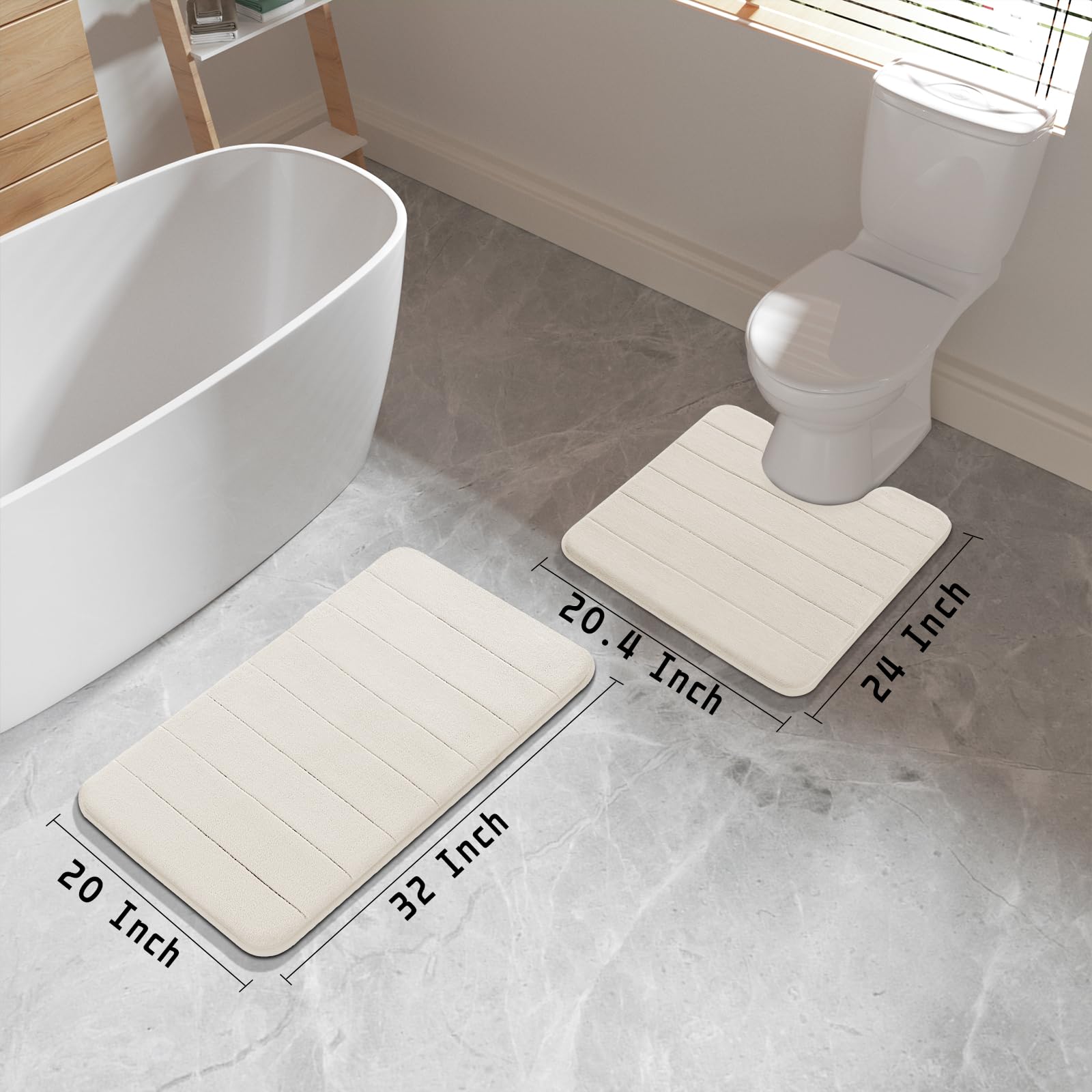 Yimobra 2-Piece Memory Foam Bath Mat Set - Ultra Soft, Quick Dry, Non-Slip Bathroom Rug (31.5x19.8+24x20.4 inches) - Cream White Absorbent Floor Mat for Shower, Bathtub & Bathroom Safety