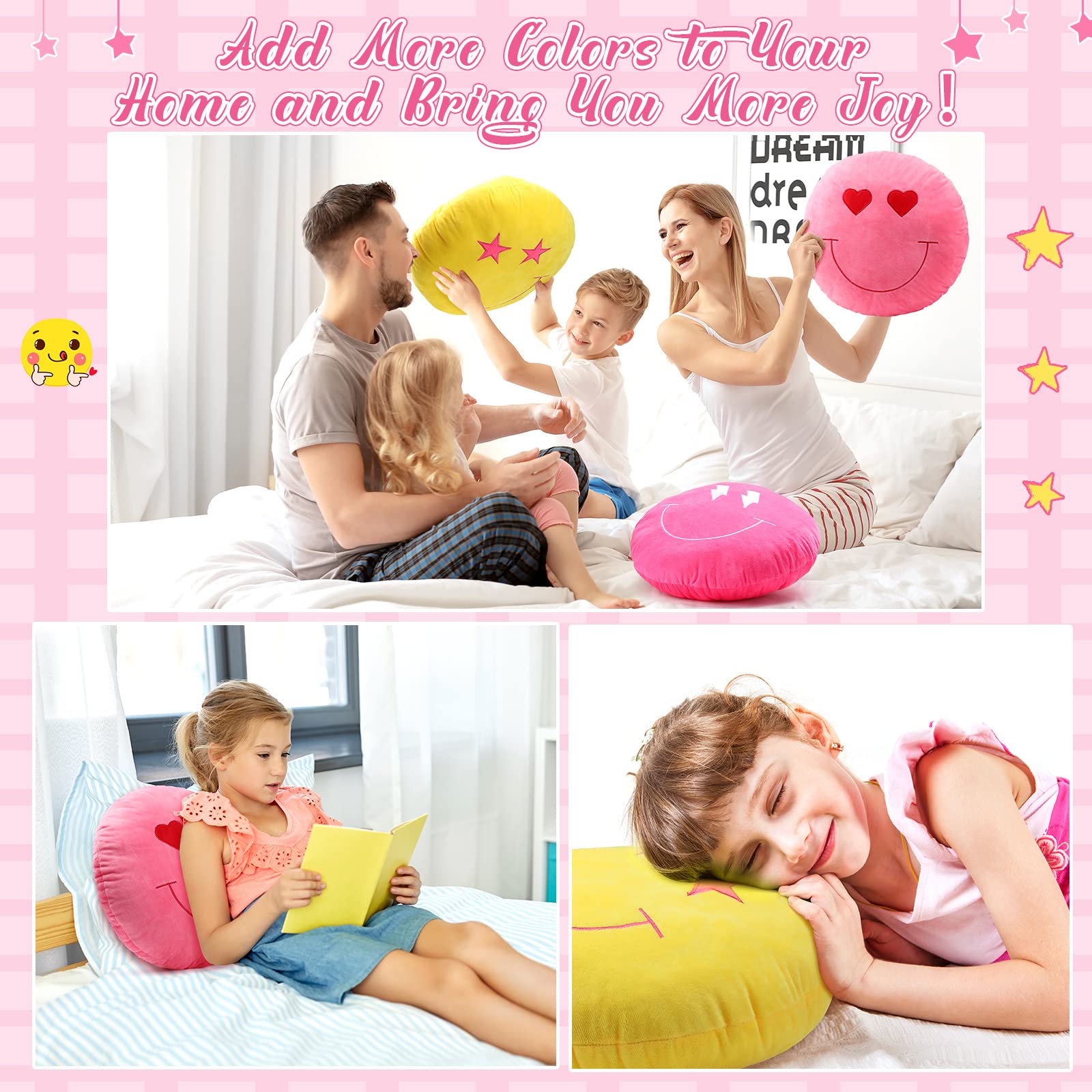 3D Embroidered Round Face Emoticon Plush Pillow Set - 3 Pack 16 Inch Cute Stuffed Throw Cushions for Bed, Sofa, Couch & Car Decor - Soft Floor Pillows for Home, Office & Dorm Room Comfort