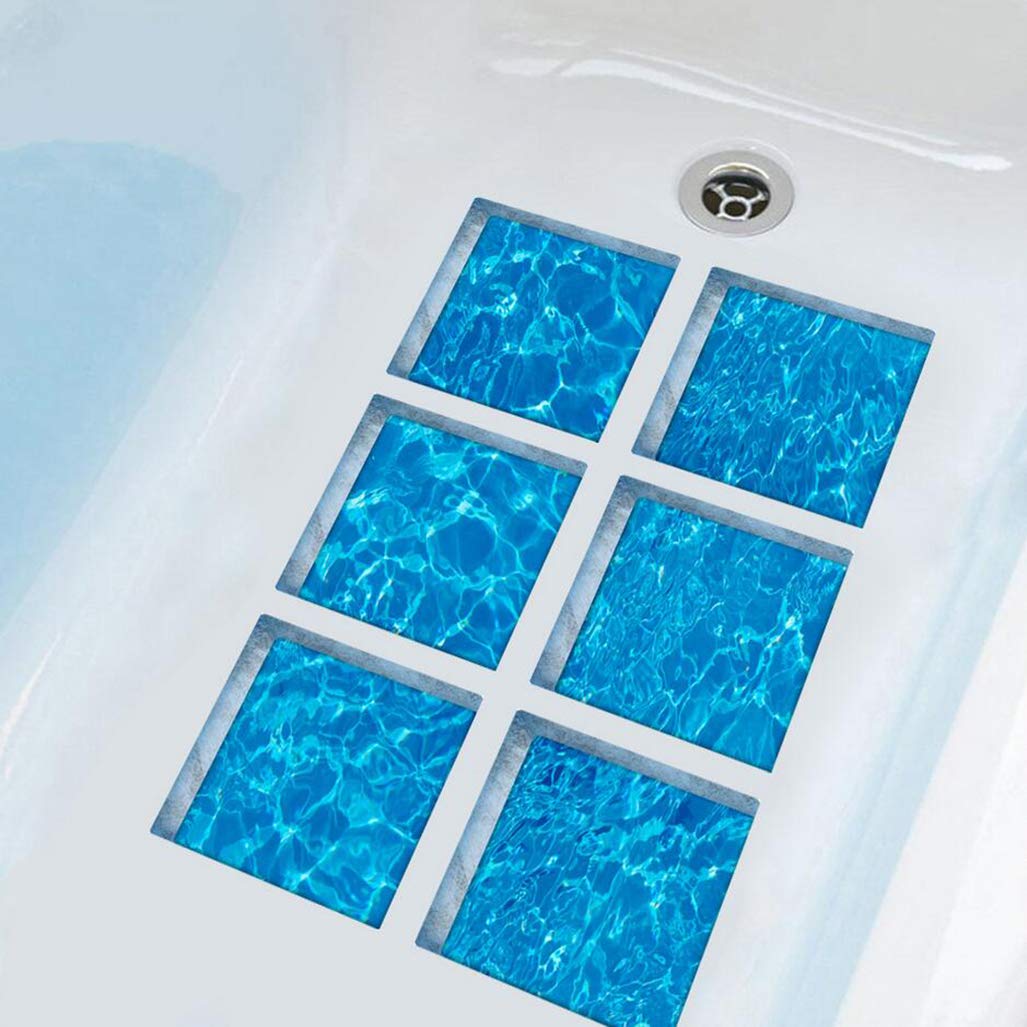6PCS Blue Waterproof Non-Slip Bath Stickers - Self Adhesive Bathtub Decals for Tub, Pool & Shower Floor - Anti-Skid Safety Treads for Kids & Adults - Cool Summer Sea Series Design (Ideal for Bathroom, Spa & Swimming Pool Safety)