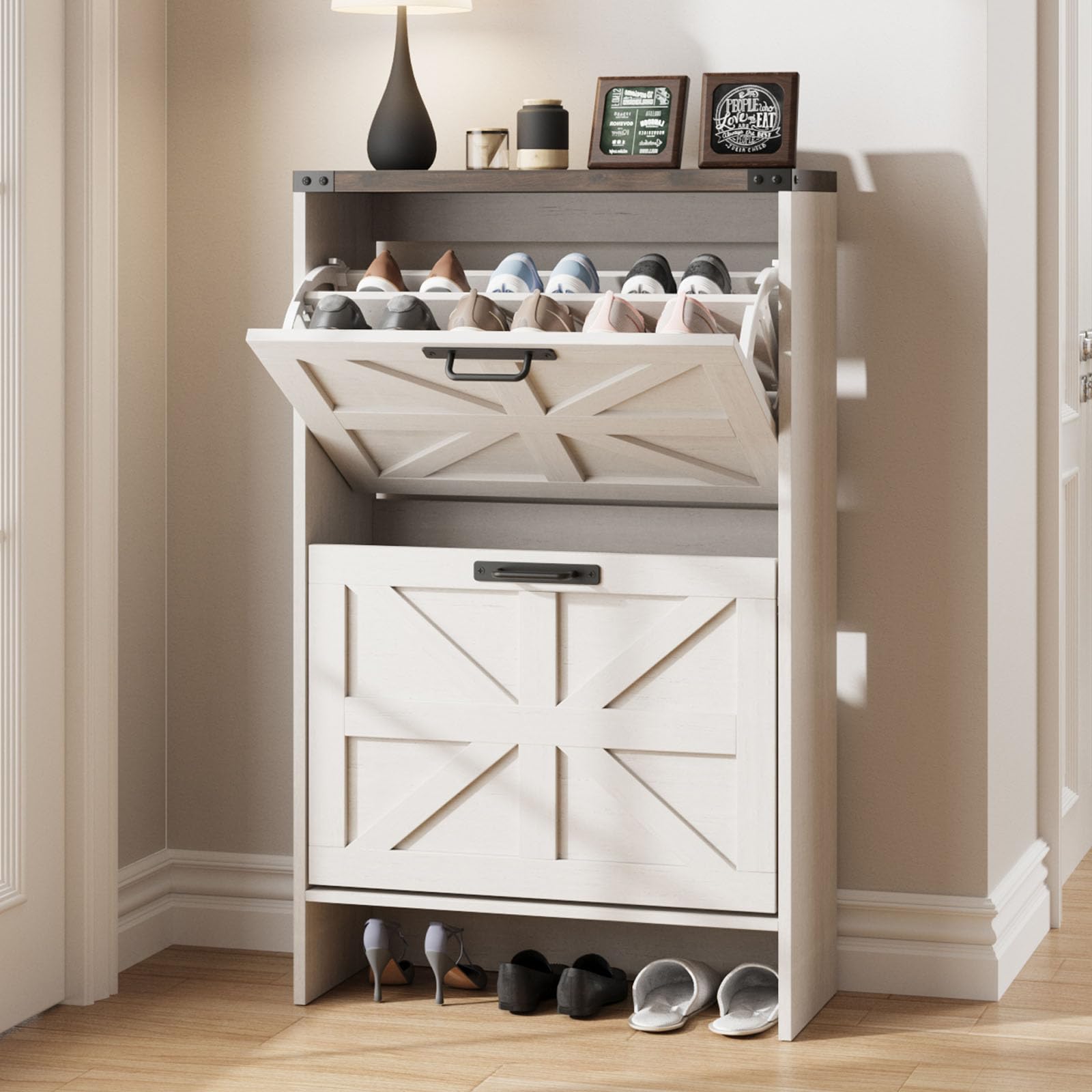 Farmhouse Style Slim Shoe Storage Cabinet with 2 Flip Drawers - Narrow Entryway Shoe Rack Organizer for Hidden Shoes - White - Perfect for Small Spaces, Apartments & Closet Organization