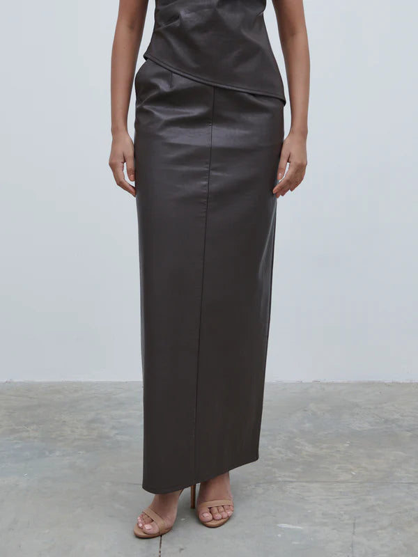 Maeve Faux Leather Maxi Skirt for Women - Dark Chocolate Brown High Waist Long Skirt | Perfect for Fall Winter Fashion, Office Wear & Date Night Outfits
