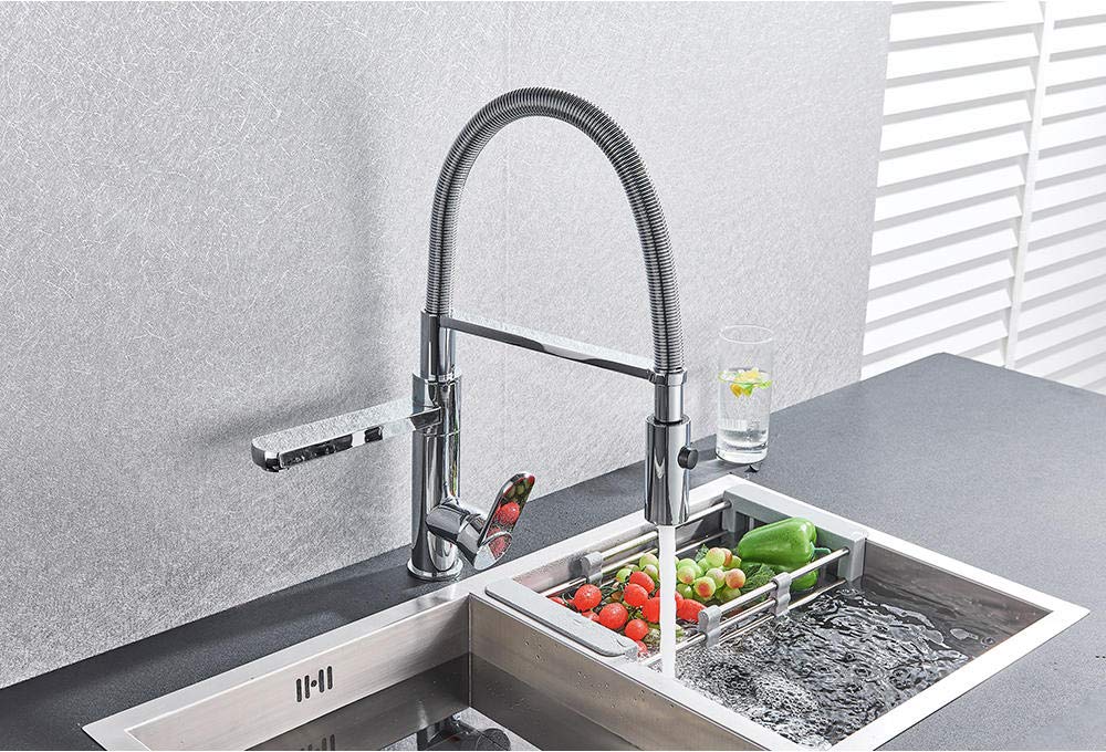 Stainless Steel Chrome Pull Down Kitchen Faucet - Deck Mounted 2-Handle Swivel Spout with Hot & Cold Water Control, Stream Spray and Kitchen Shower Head - Perfect for Modern Home Kitchen Sink and Dishwashing