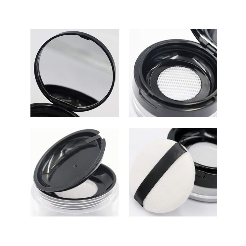 20ml (0.67 oz) Reusable Plastic Loose Powder Container - Empty Makeup Case with Mirror, Sponge Puff & Elastic Sifter - DIY Cosmetic Storage for Travel & Home Use (Black)