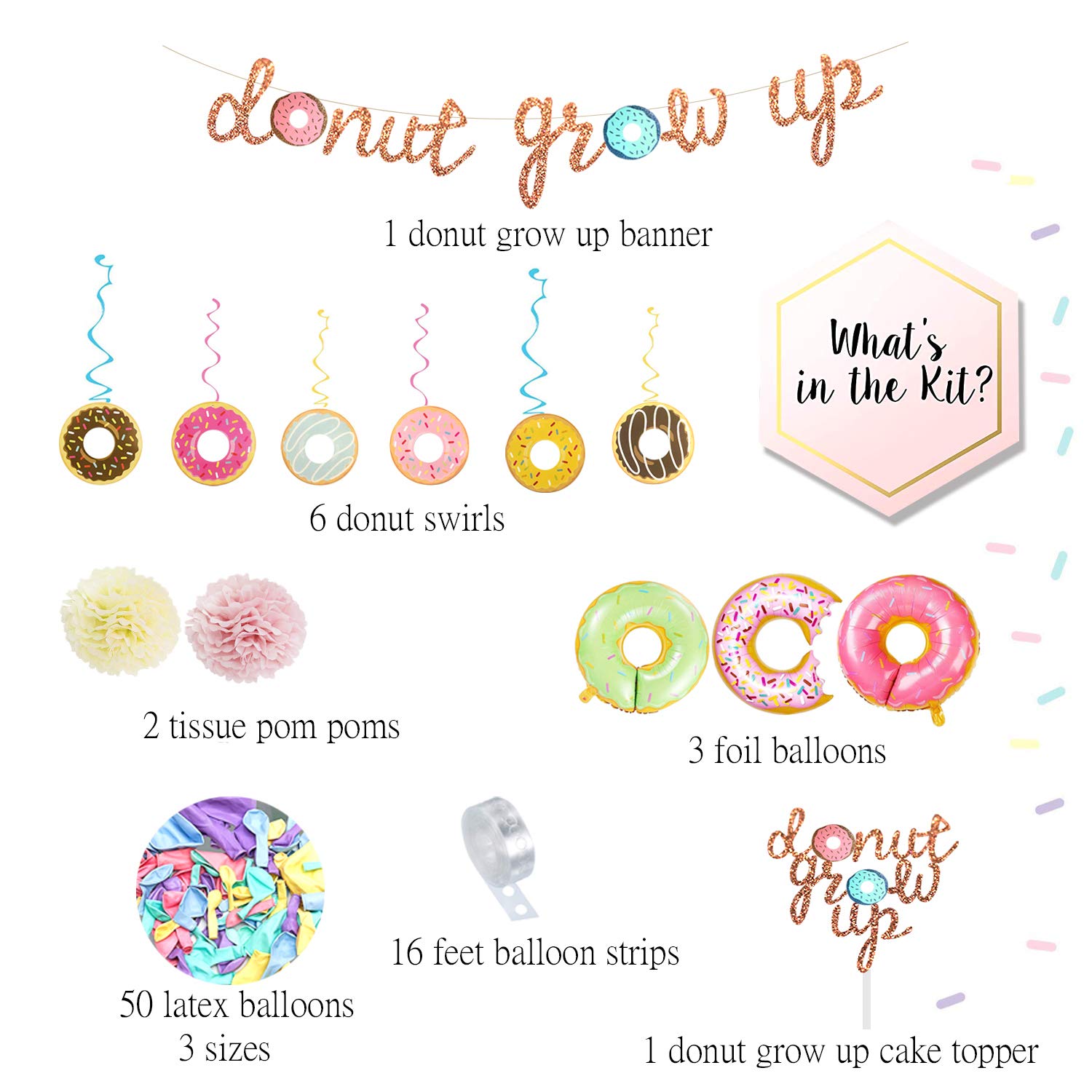 Donut Grow Up Party Decorations Kit - First Birthday Supplies with Glitter Banner, Cake Topper & Foil Balloons for Baby Shower, 1st Birthday Party Decor