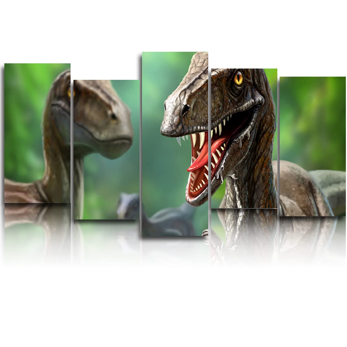 5-Piece Large Canvas Wall Art - Framed Forest Dinosaur Print Painting, Abstract Artwork for Modern Home Decor | Perfect for Living Room, Bedroom & Office | Ready to Hang (12x24in x4 + 12x32in) | Ideal for Nature Lovers & Dinosaur Enthusiasts