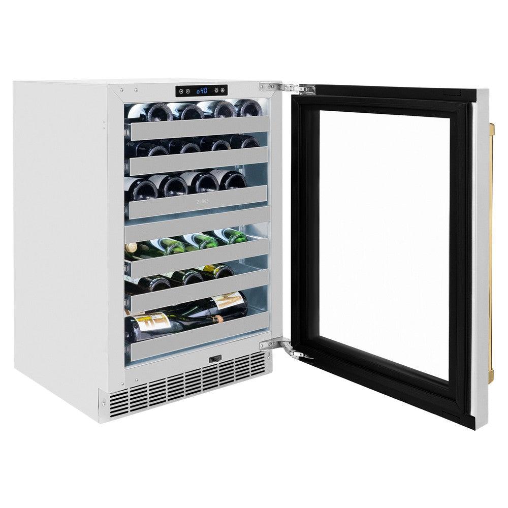 ZLINE Autograph Edition 24 Inch Dual Zone 44 Bottle Wine Cooler with Stainless Steel Glass Door & Polished Gold Handle - Perfect for Home Bars, Restaurants, and Wine Cellars (RWDOZ GS 24 G)