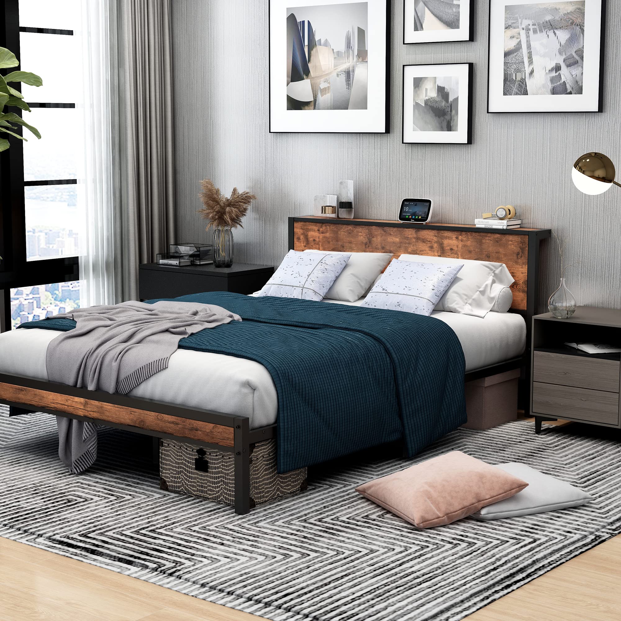 DUMEE Queen Size Bed Frame with Wood Storage Headboard - Sturdy Metal Platform Bed Foundation, No Box Spring Needed, Noise Free, Black & Rustic Brown - Perfect for Small Bedrooms, Guest Rooms & Modern Apartments