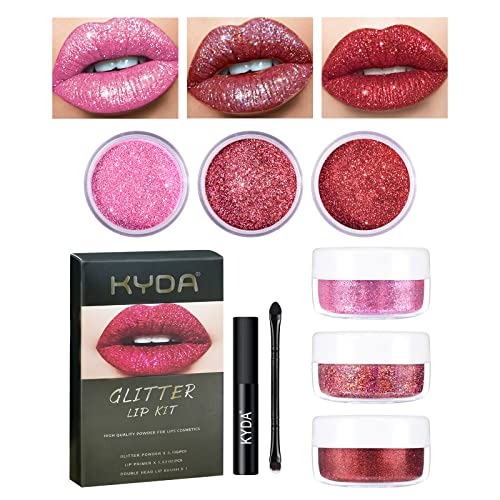 FREEORR 3-Color Glitter Lip Kit - Diamond & Metallic Lip Powder with Primer | Waterproof, Long-Lasting, Smudge-Proof Lip Makeup Set | Perfect for Parties, Halloween, Cosplay & Special Occasions