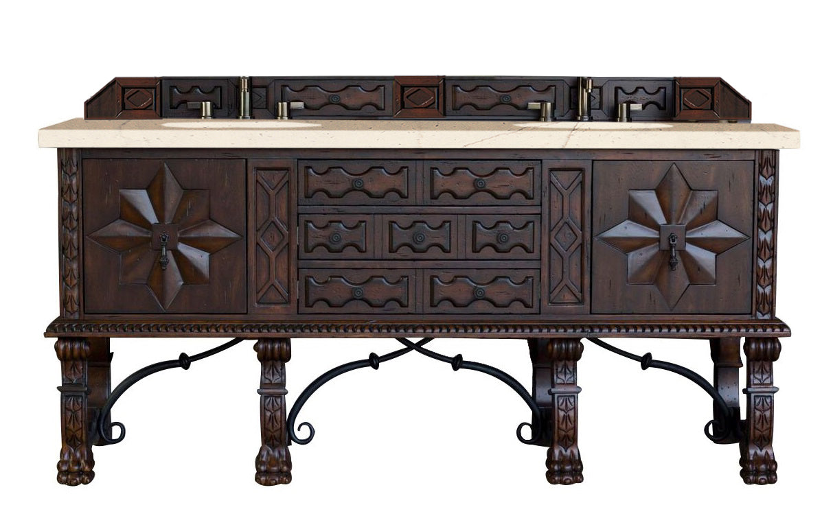Balmoral 72 Inch Double Vanity Cabinet with 3CM Eternal Marfil Quartz Top - Antique Walnut Bathroom Vanity for Master Bath & Guest Bathroom Remodel