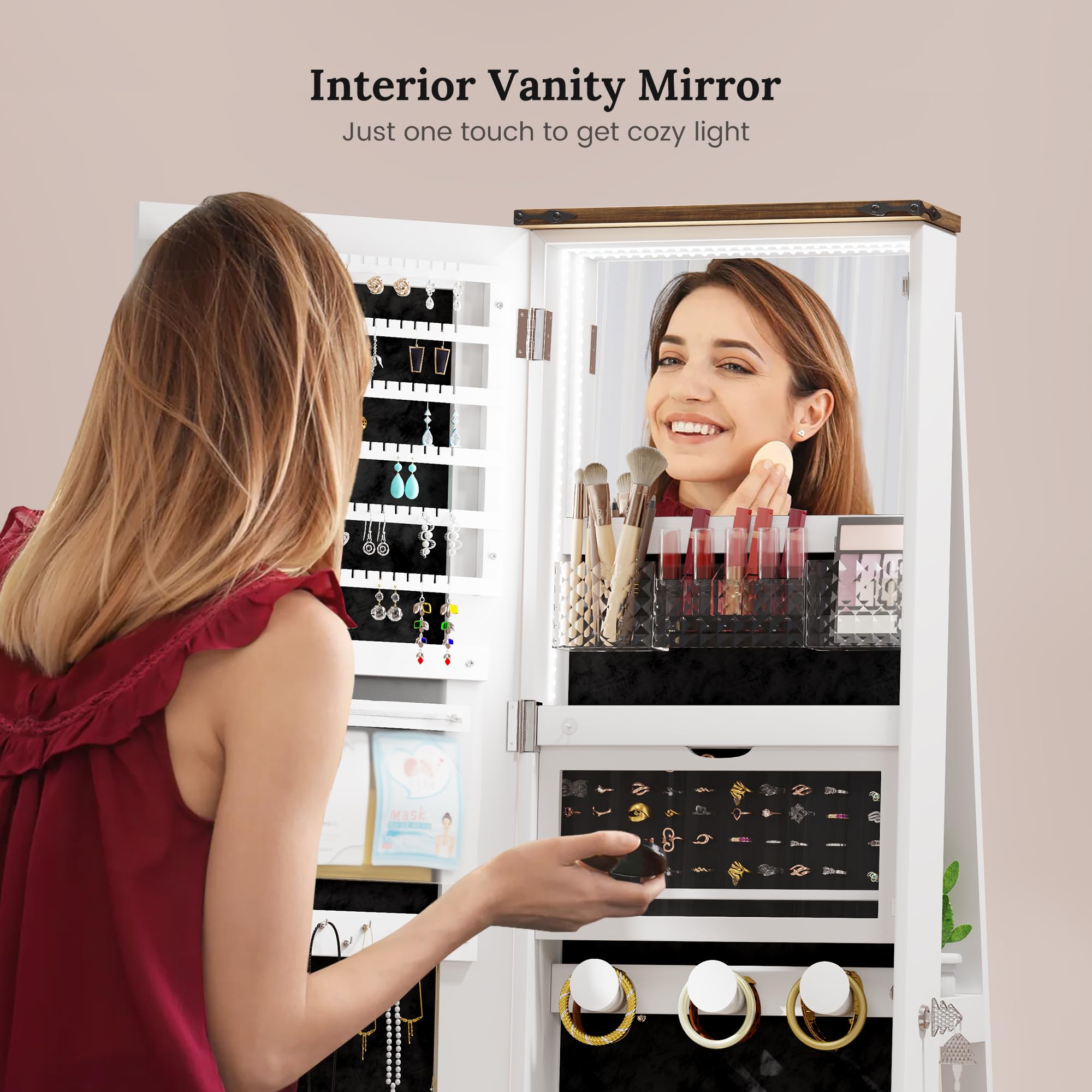 LVSOMT LED Mirror Jewelry Cabinet Standing - 360° Swivel Jewelry Armoire with Full Length Mirror & Storage, Large Wooden Drawer Organizer for Necklaces, Rings, Earrings - Perfect Christmas Gift for Women (Farmhouse White) | Bedroom Vanity, Closet Organization, Dressing Room Decor