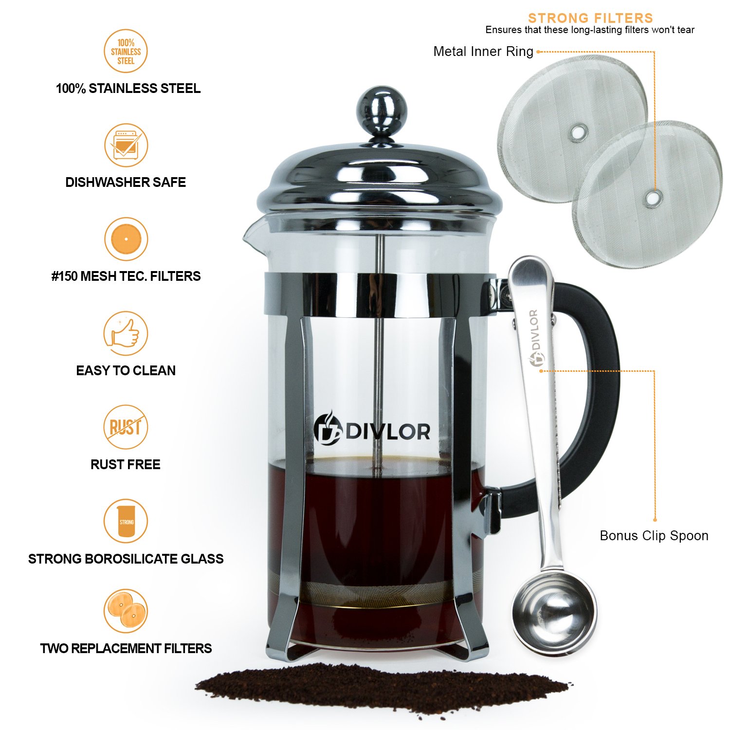 Divlor 34oz French Press Coffee Maker - 8 Cup Stainless Steel with Clip Spoon & 2 Bonus Filters - Perfect for Home, Office & Camping Brewing