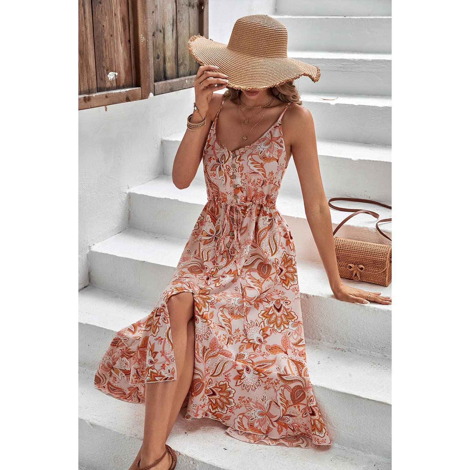 BROVAVE Women's 2025 Summer Boho Sundress - Polka Dot Spaghetti Strap V-Neck Flowy Midi Dress for Beach, Vacation & Casual Outings