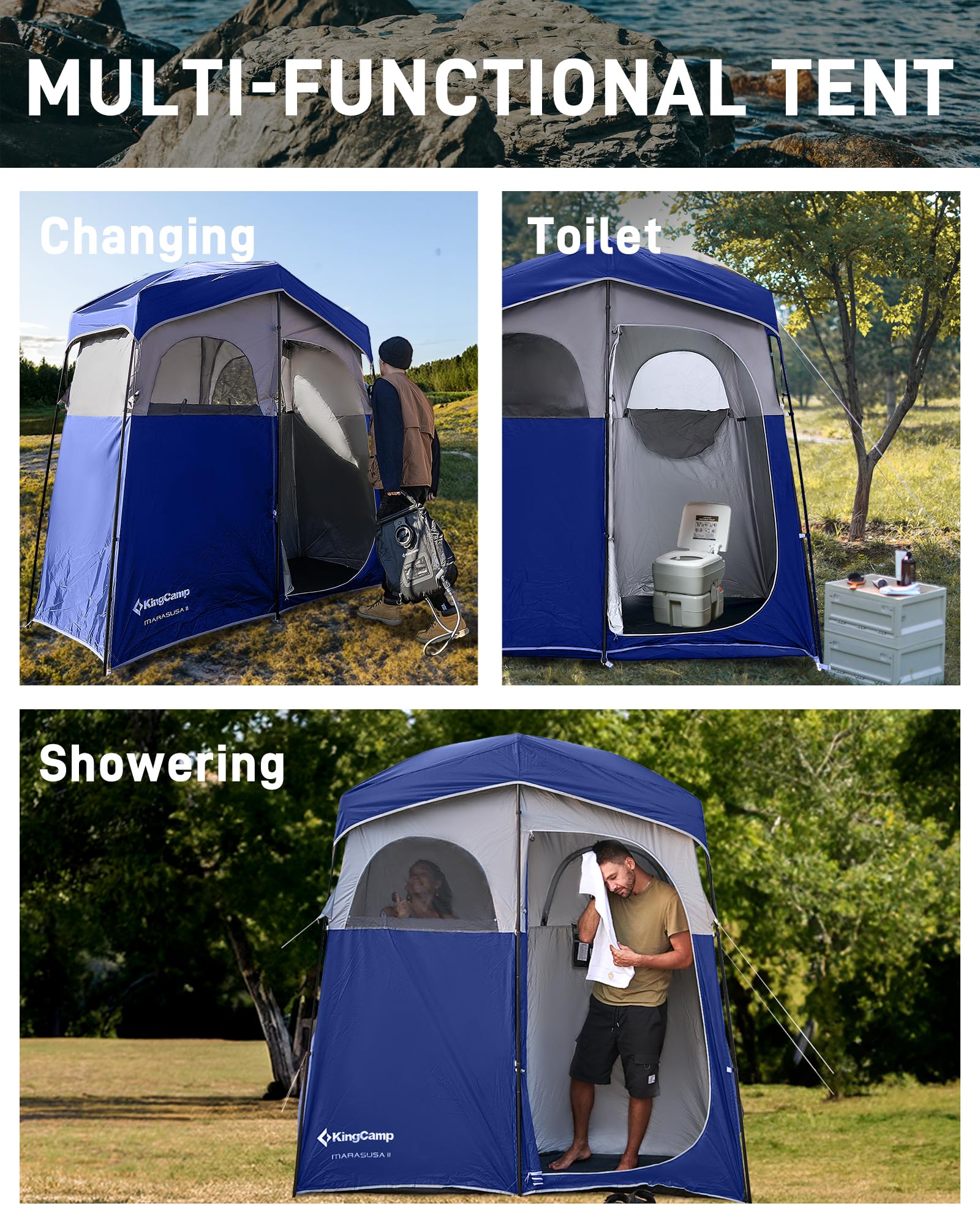 **KingCamp Oversized Portable Camping Shower Tent – Privacy Shelter for Outdoor Showers & Changing Room, Easy Setup with Shower Bag (1 or 2 Rooms) – Perfect for Camping, Hiking, Beach & RV Trips**