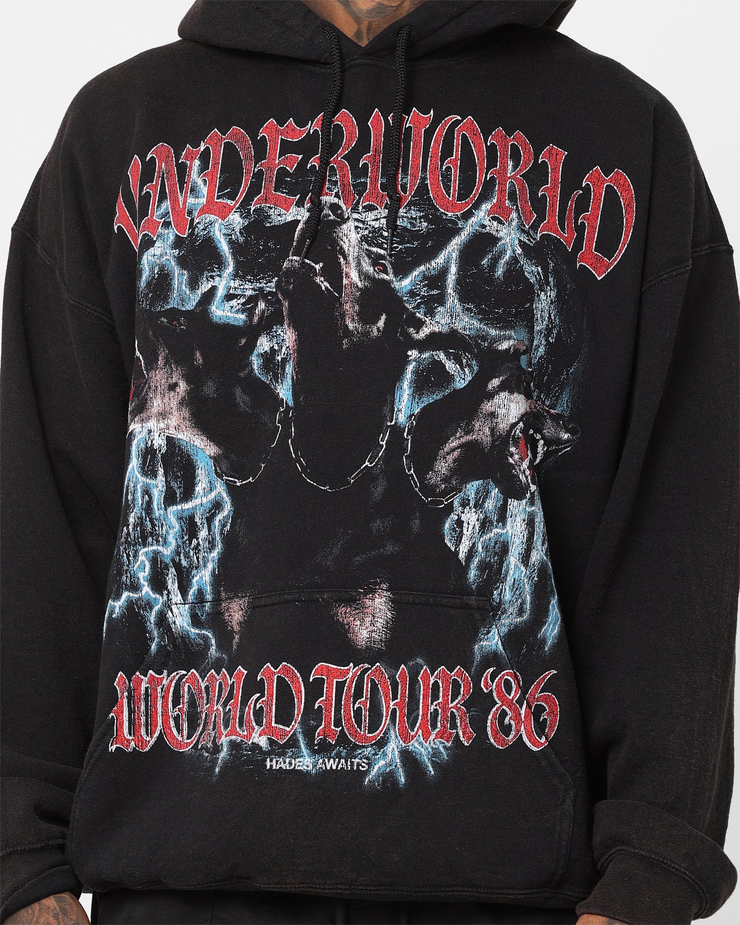 Vintage American Thrift Underworld Tour Hoodie - Distressed Black Wash | Streetwear Fashion for Concerts & Urban Style