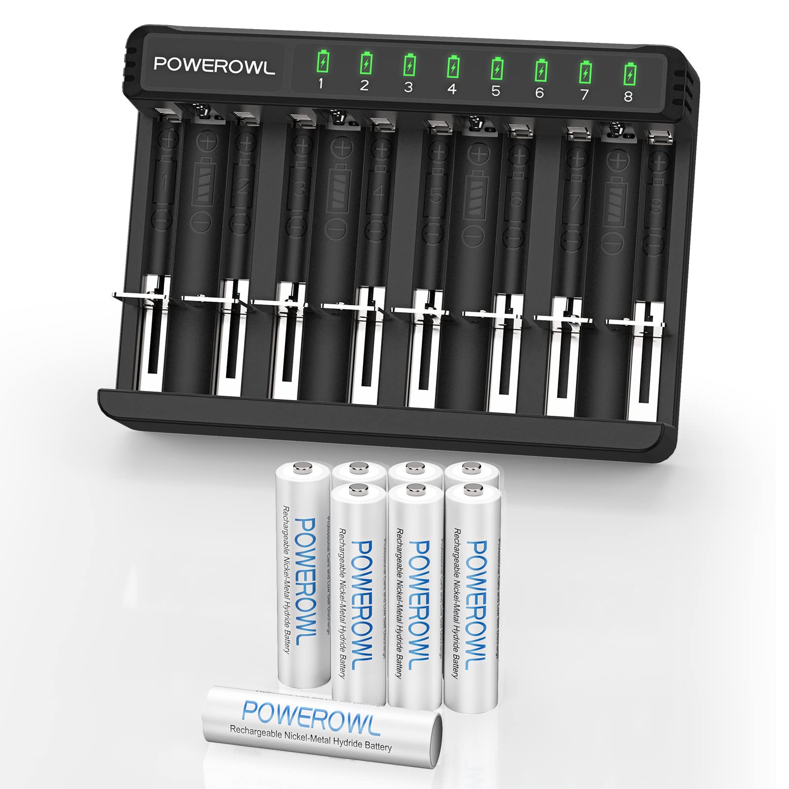 POWEROWL Battery Charger with 8 AAA Rechargeable Batteries - Fast Charging for AA AAA C D NiMH NiCd Batteries - Perfect for Cameras, Toys, Flashlights & Electronics
