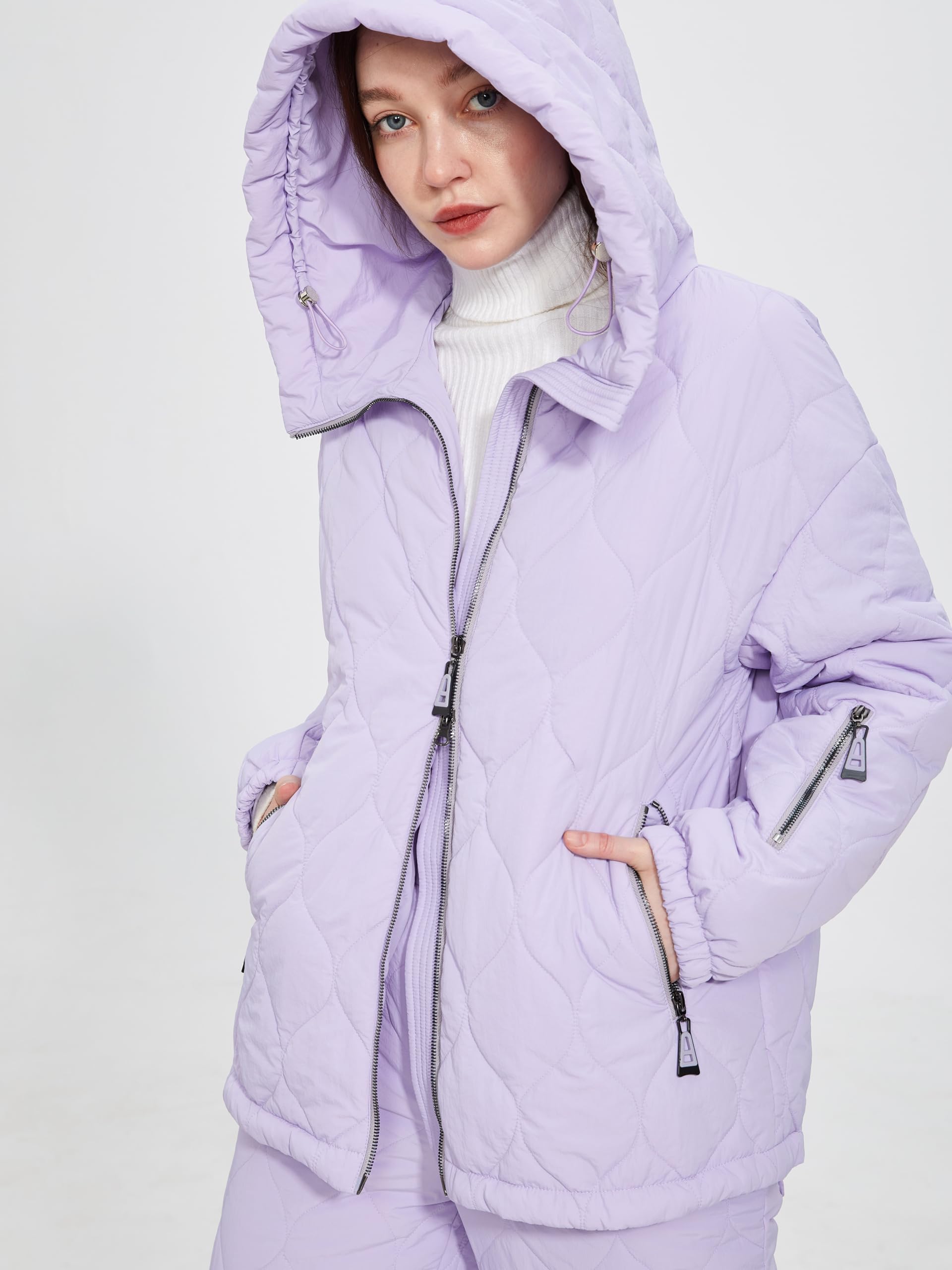 Women's 2-Piece Snow Suit Set - Quilted Waterproof Ski Jacket & Padded Jogger Pants with Hood for Winter Sports | Warm Puffer Coat Outfit for Skiing, Snowboarding & Cold Weather Activities