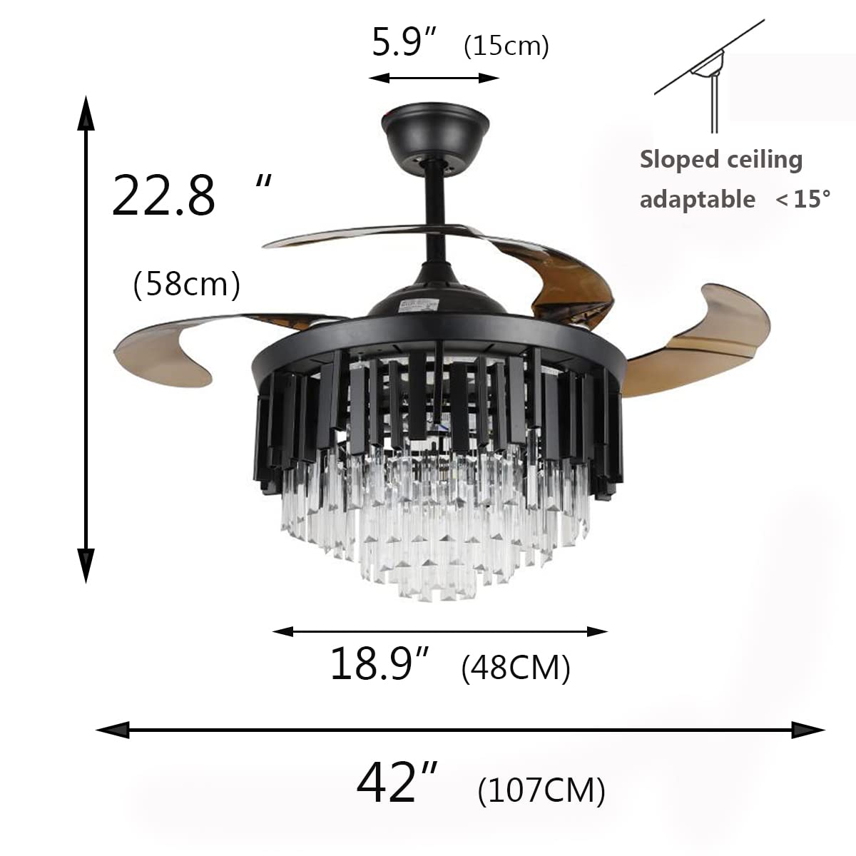 **Retractable Black Ceiling Fan with Lights & Remote Control - 3-Speed Quiet Fandelier for Bedroom, Living Room, Dining Room - Modern Chandelier Fan for Home & Office**