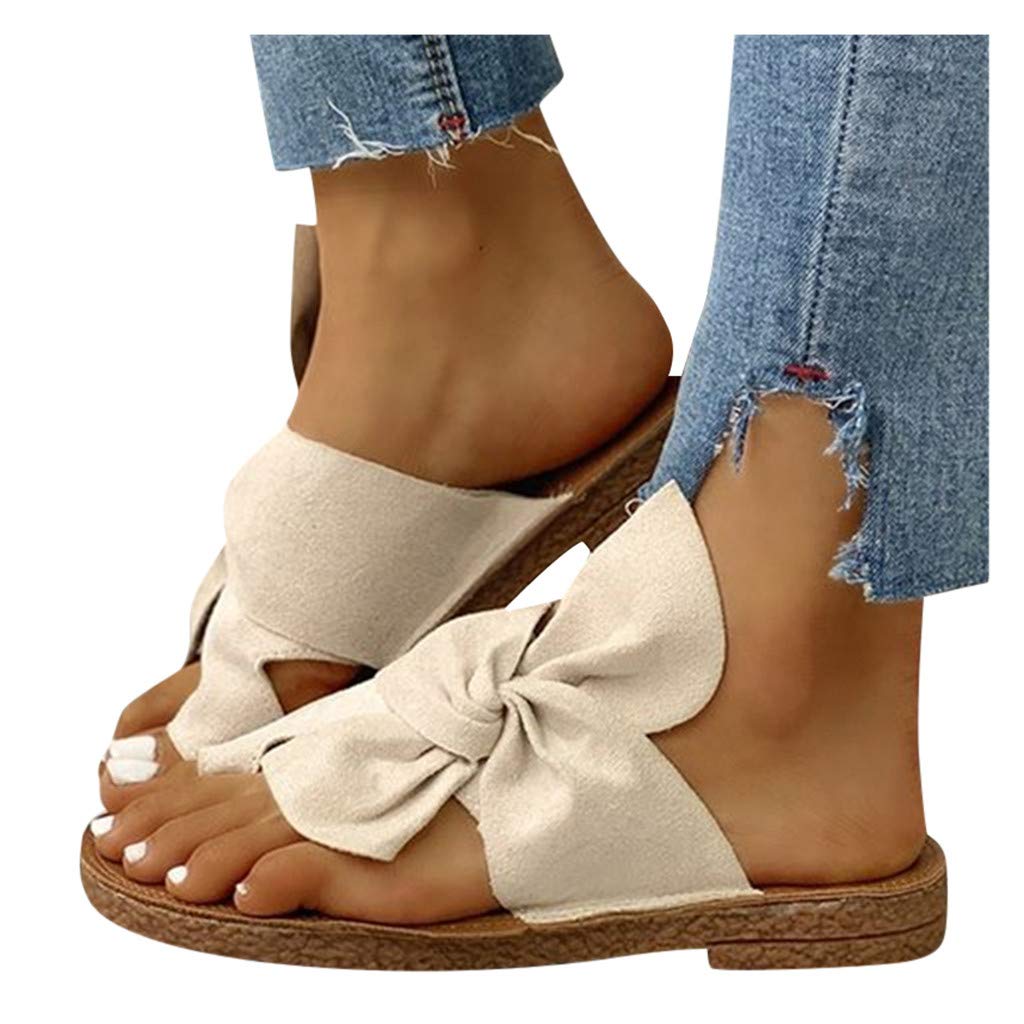 Women's Summer Sandals with Bowknot Peep-Toe - Bohemian Outdoor Slippers for Casual Beach Wear & Vacation Outfits | Comfortable Flat Sandals for Walking, Travel, and Summer Fashion