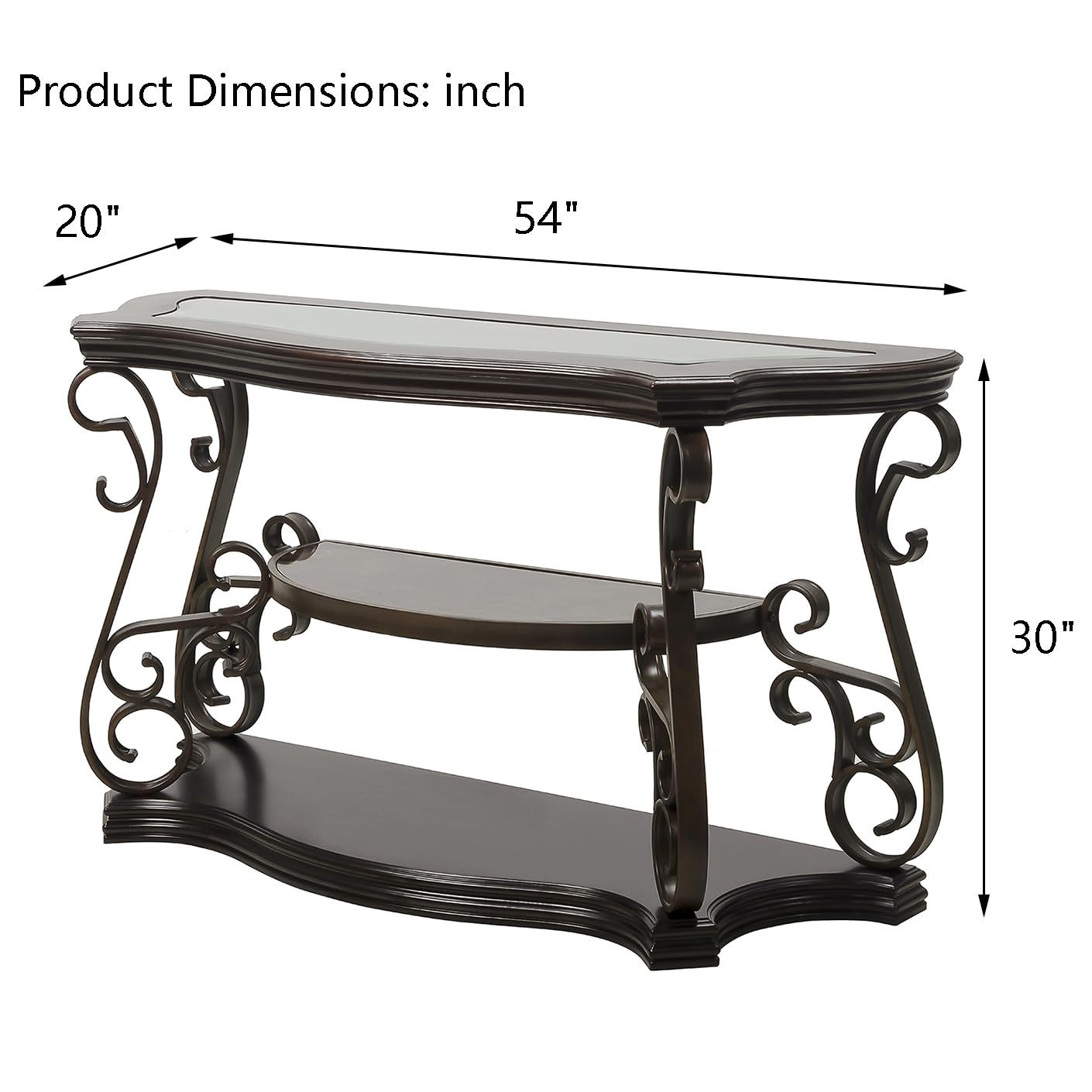 Elegant 3-Tier Traditional Console Table with Tempered Glass Top & Storage Shelves - 54