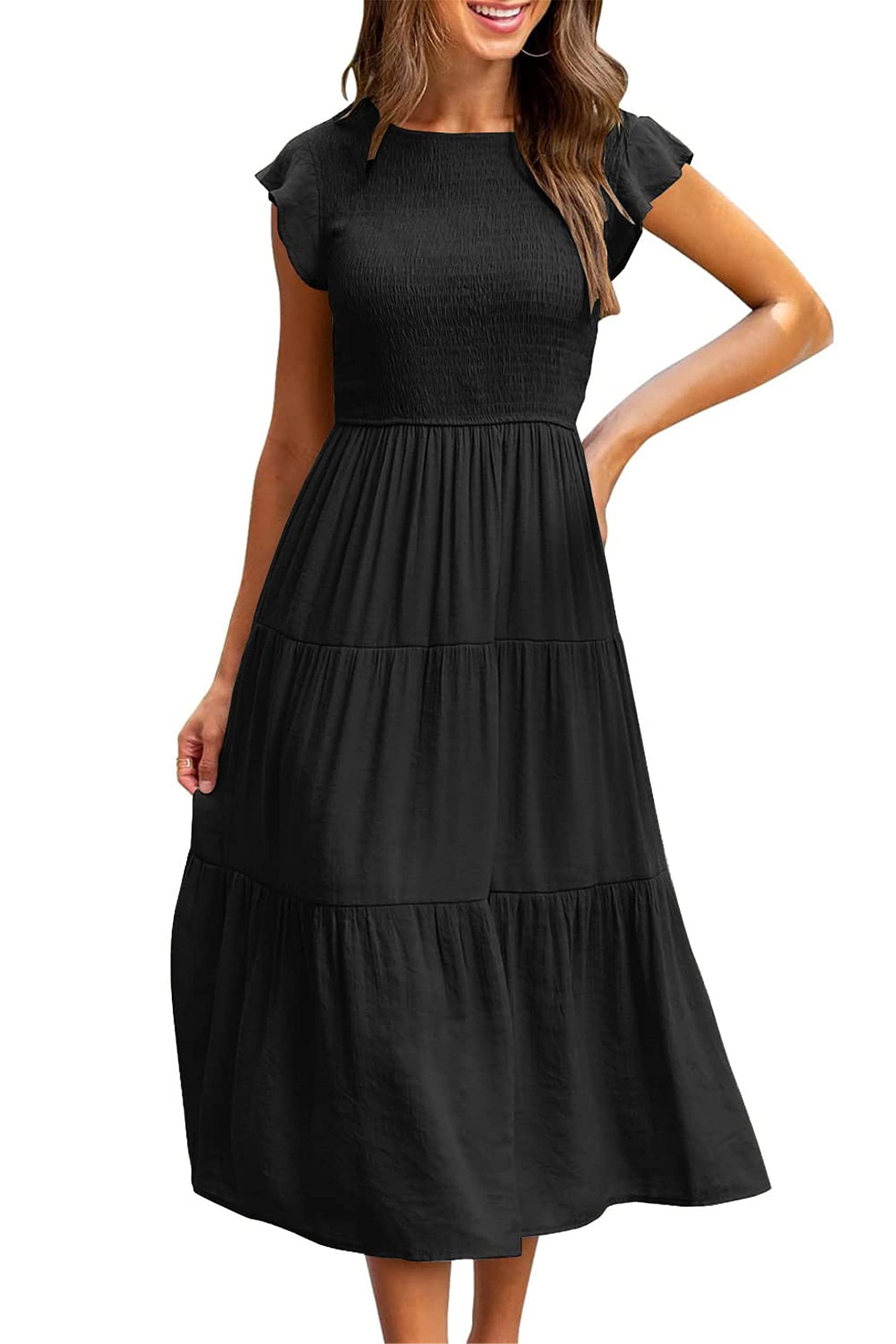 ROSDKCRU Women's Summer Casual Midi Dress - Smocked Crewneck, Flutter Short Sleeve, Boho Tiered Maxi Dress for Beach, Vacation & Outdoor Parties | Flowy & Comfortable