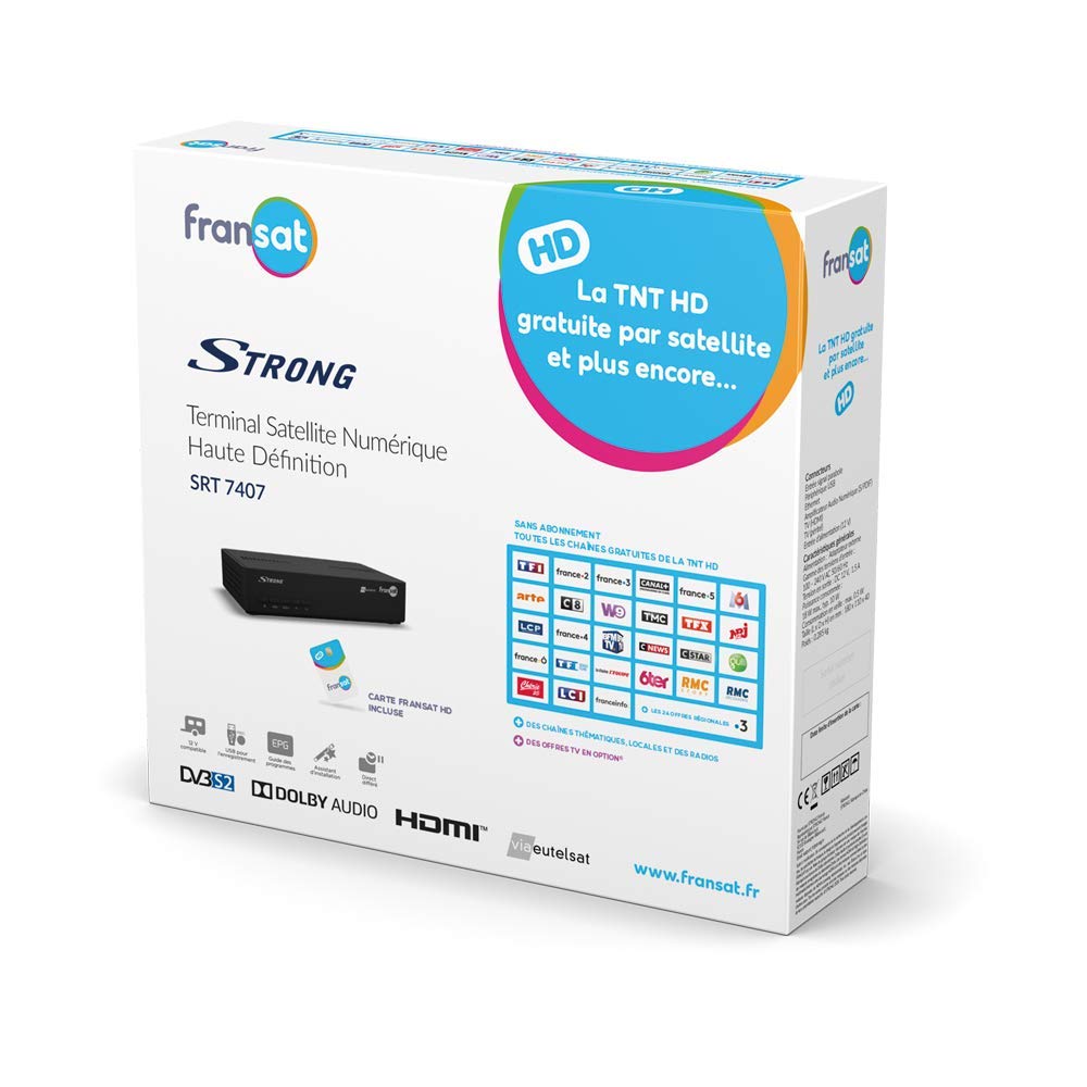 STRONG SRT7407 FRANSAT HD Satellite Receiver - DVB-S2, DTT, 4-Year FRANSAT Card, HDMI/SCART/SPDIF/USB, 230V/12V Power Supply - Perfect for Home & RV Satellite TV Setup