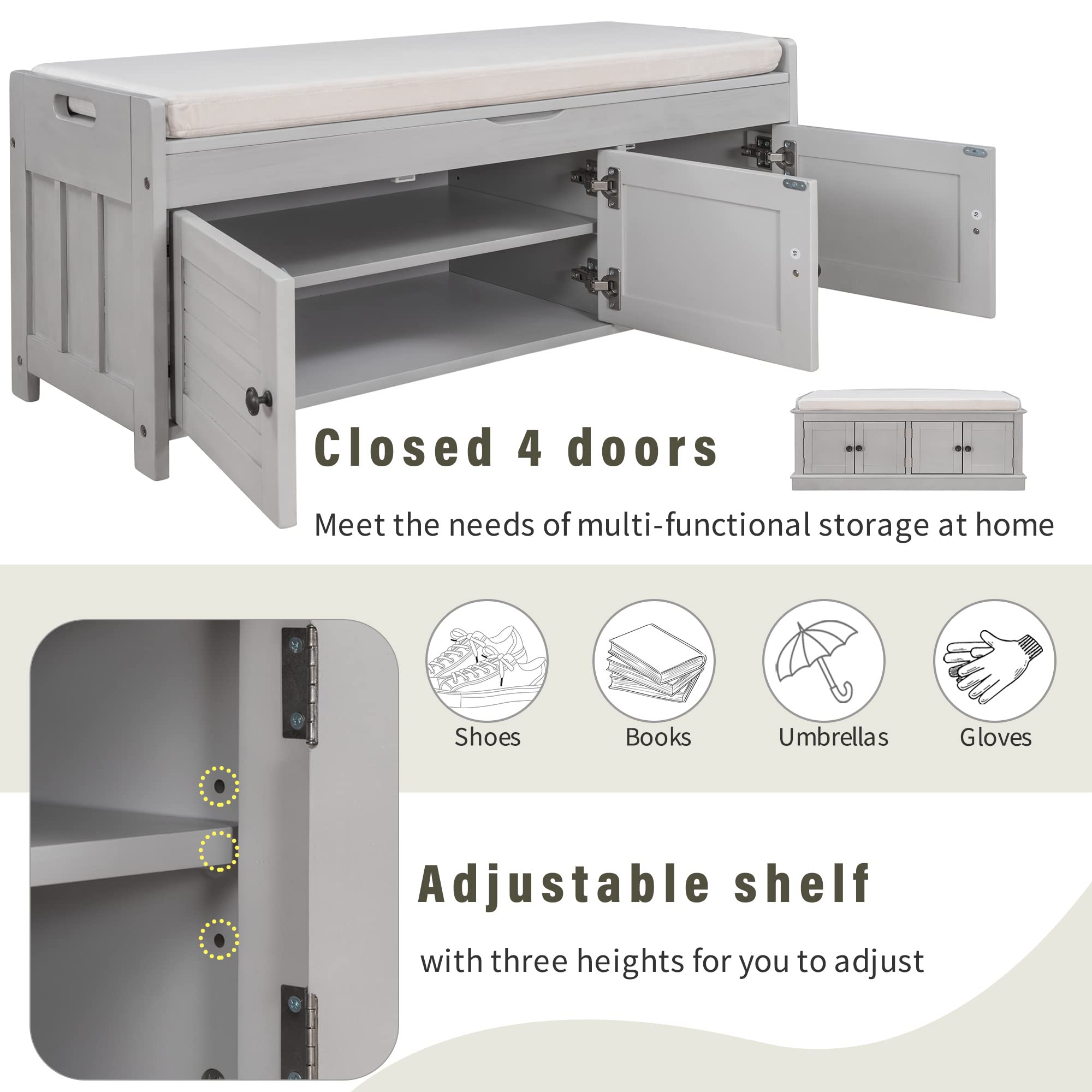 Multi-Functional Storage Bench with 4 Doors & Adjustable Shelves - Shoe Organizer Bench with Removable Cushion for Entryway, Living Room, Hallway - Grey Wash Finish - Perfect for Small Space Organization & Shoe Storage Solutions