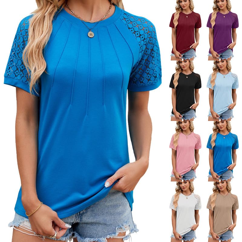 Trendy Women's Lace Short Sleeve Crewneck T-Shirts - Elegant Pleated Blouse & Tunic Top for Casual & Dressy Outfits | Perfect for Office, Date Night & Summer 2024 Fashion
