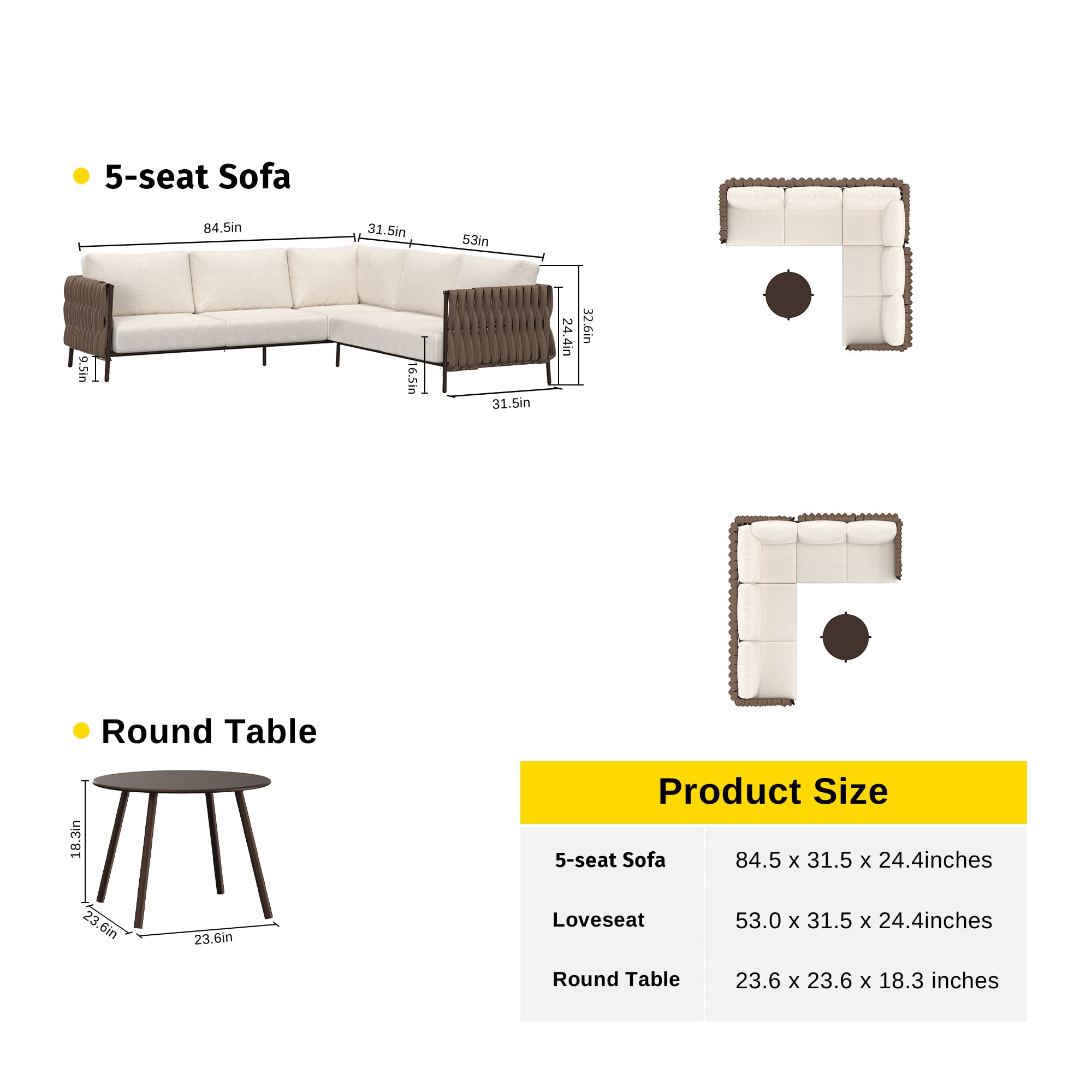 EAST OAK Outdoor Patio Furniture Set - 5-Piece Deep Seating Corner Sofa with Round Coffee Table, Thick Washable Cushions in Chestnut Brown & Creamy Apricot - Perfect for Garden, Poolside, and Backyard Relaxation